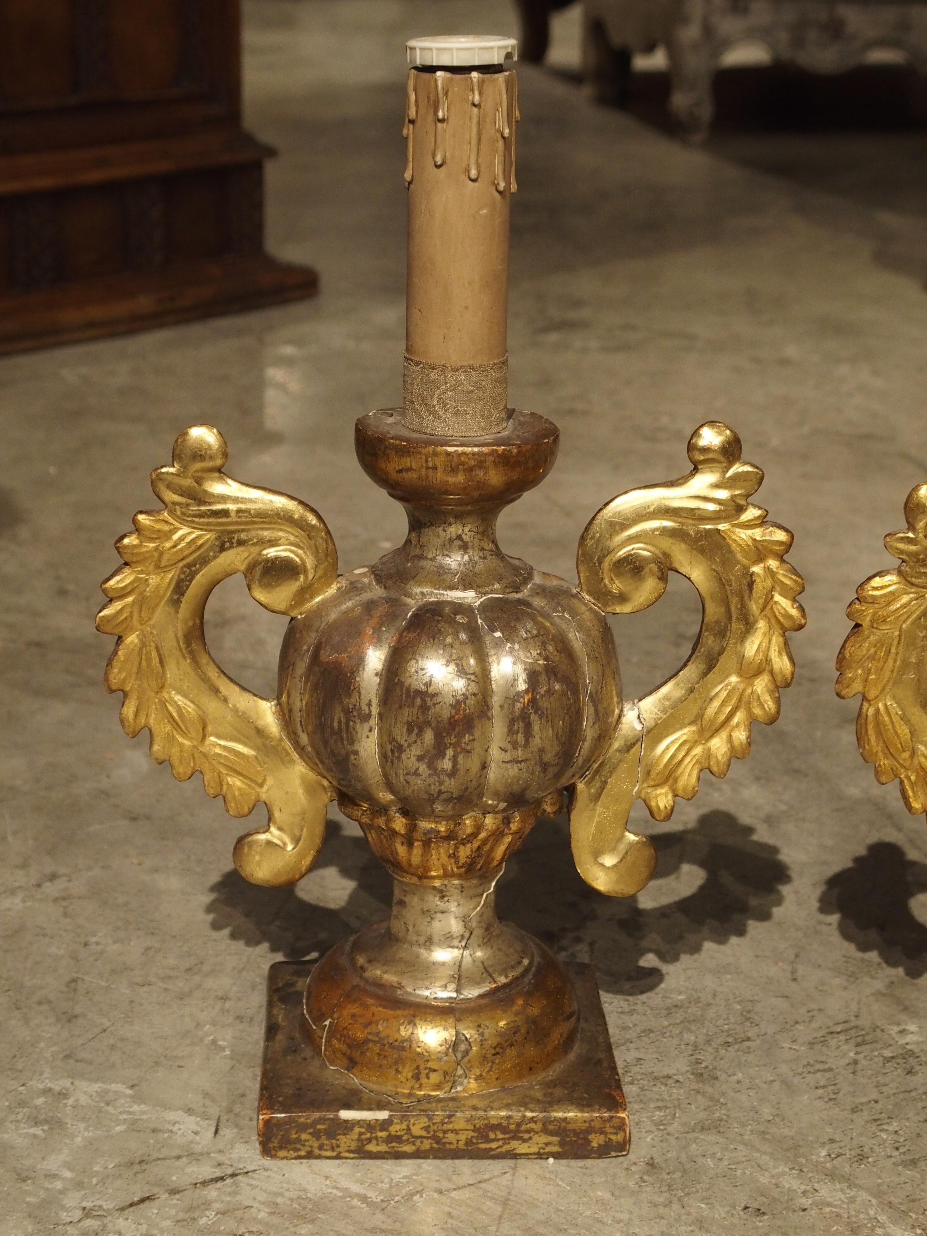 Near Pair

These wonderful antique Italian candlesticks were often used in churches. The fronts of the candlesticks or the parts that were seen, were always decorated and the backs were left plain. These are considered a 