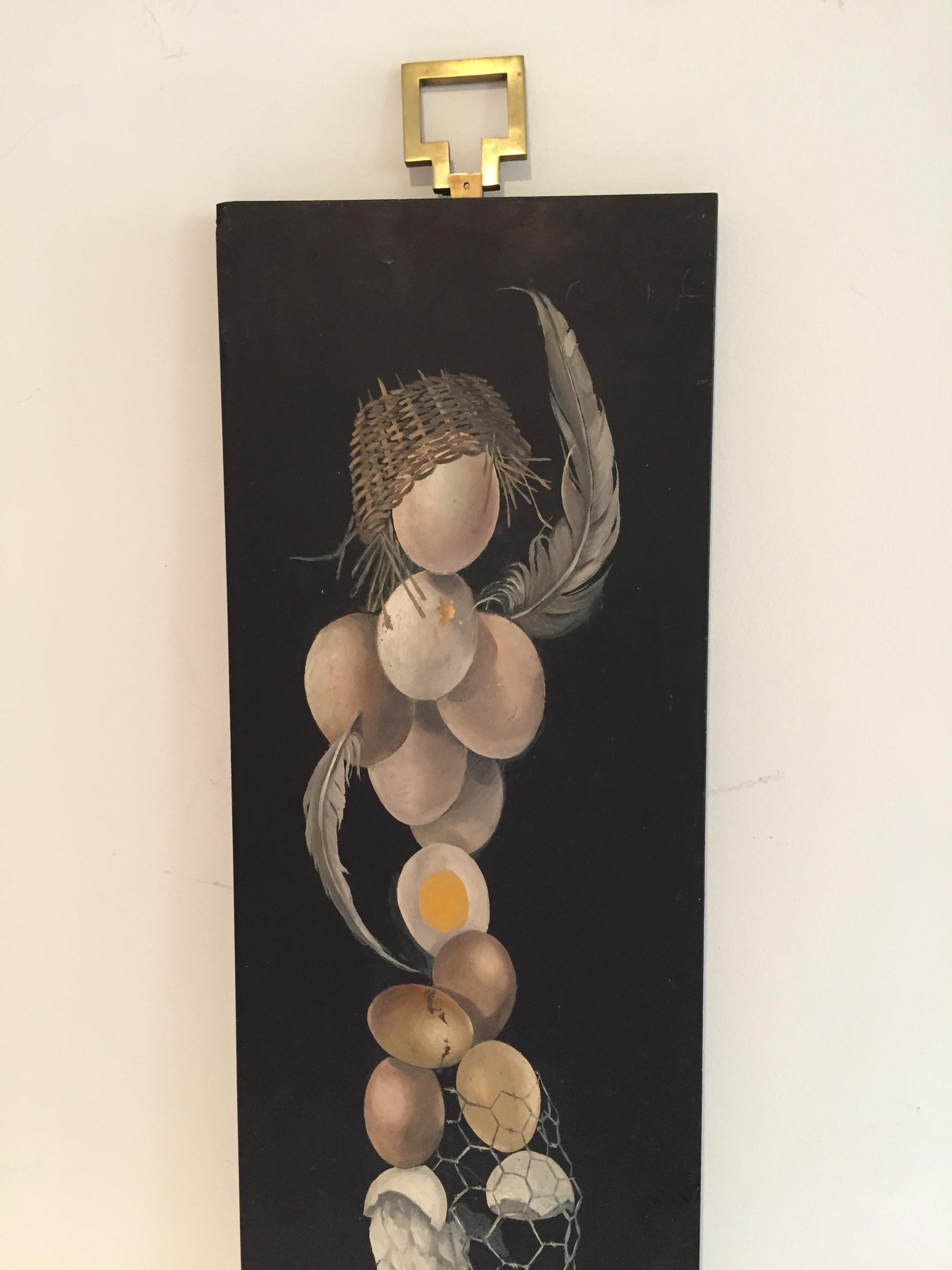 Lester Gaba hand-painted on wood, whimsical painting of chicken made of eggs , from the collection Lilly Dache, with brass hanging ring.