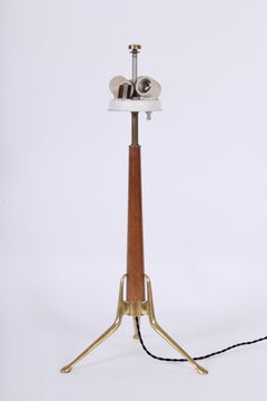 Gerald Thurston for Lightoilier Brass & Wood Tripod Table Lamp with White Shade
