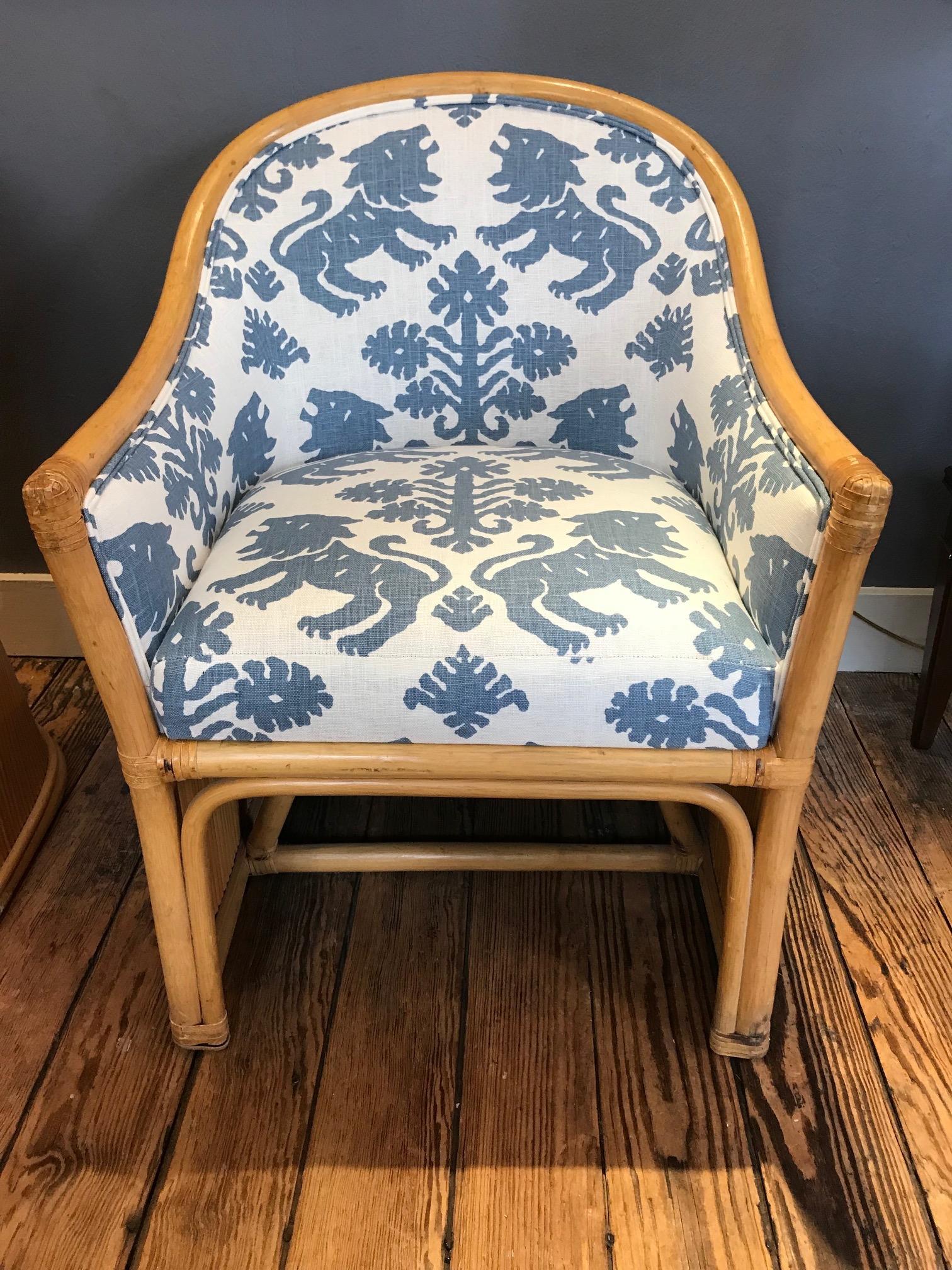 Classy pair of authentic vintage bamboo club chairs having a fabulous barrel shaped back and new gray blue and white Regalia Schumacher upholstery.
Seat: 29.5 D x 19 W x 18.5 H.

 