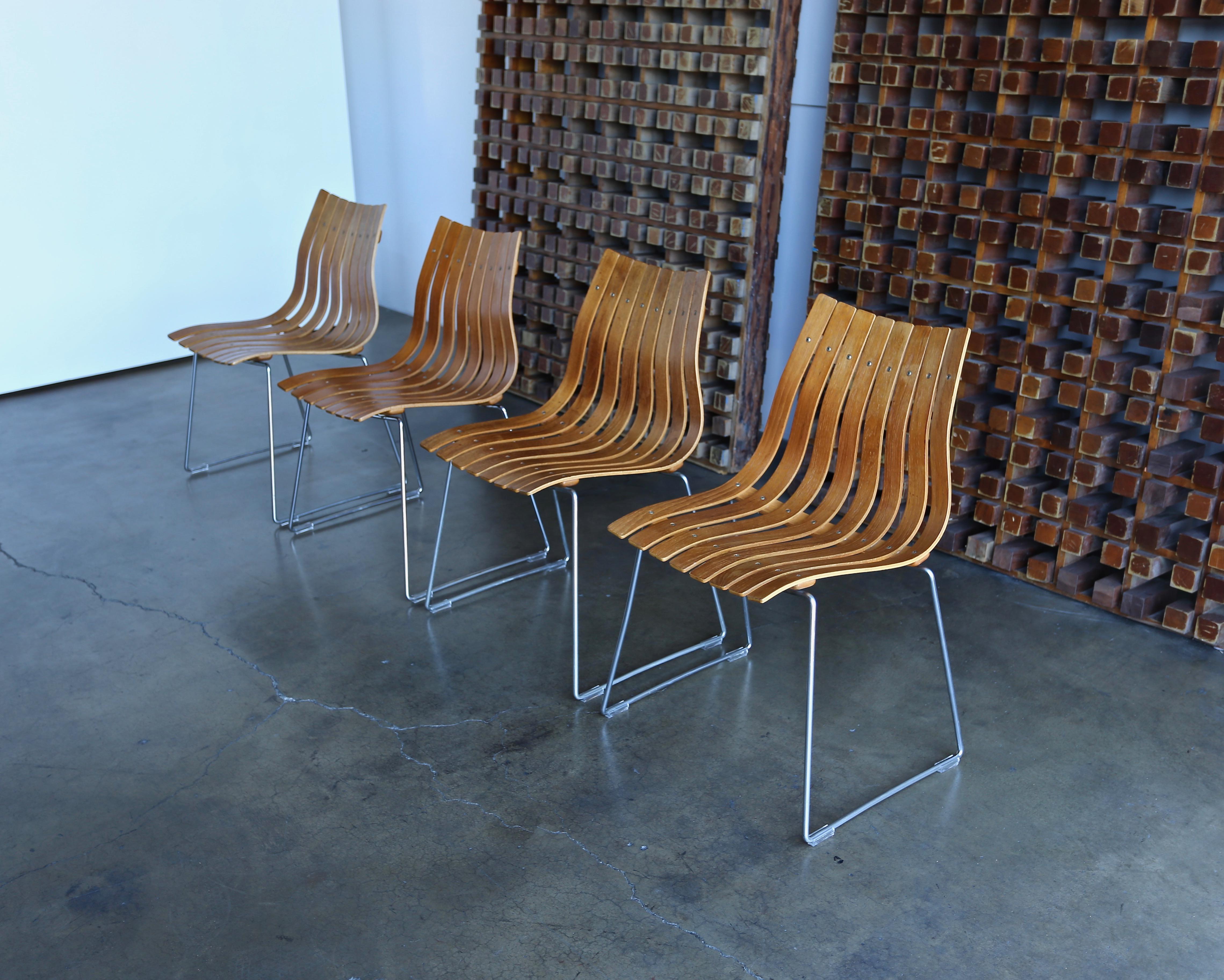 Hans Brattrud teak bentwood Scandia dining chairs for Hove Mobler, Norway.