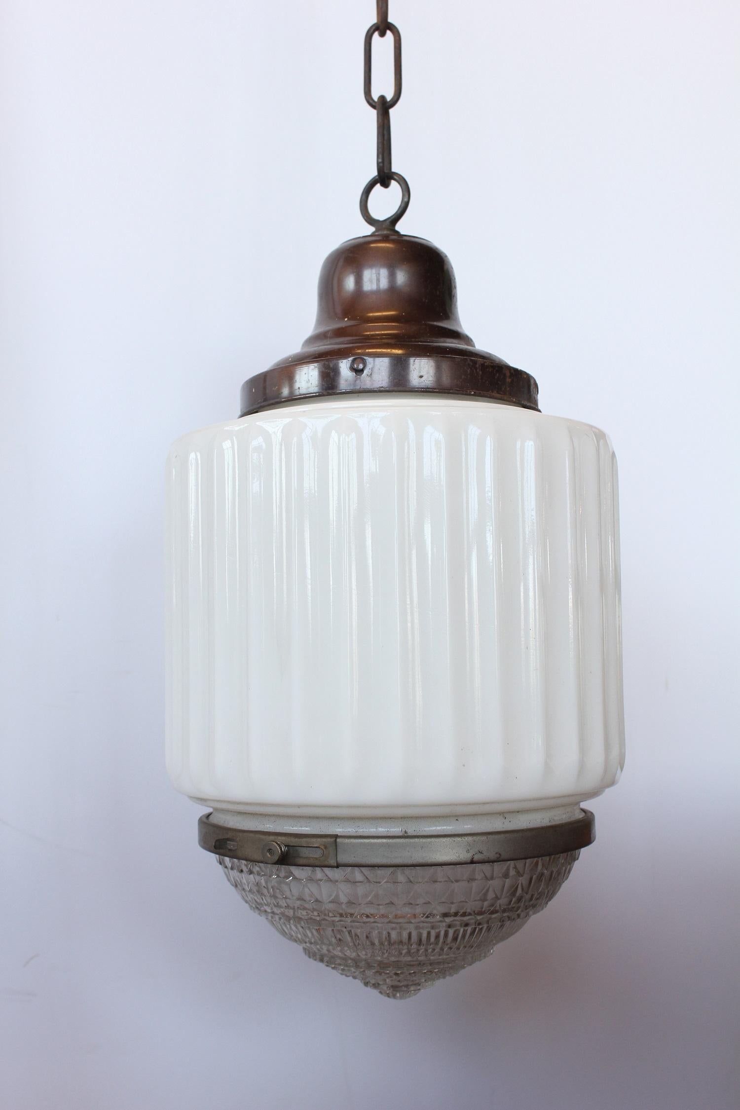 Antique department store milk glass pendant light, three available. Listed price is for each light. Globe H 18