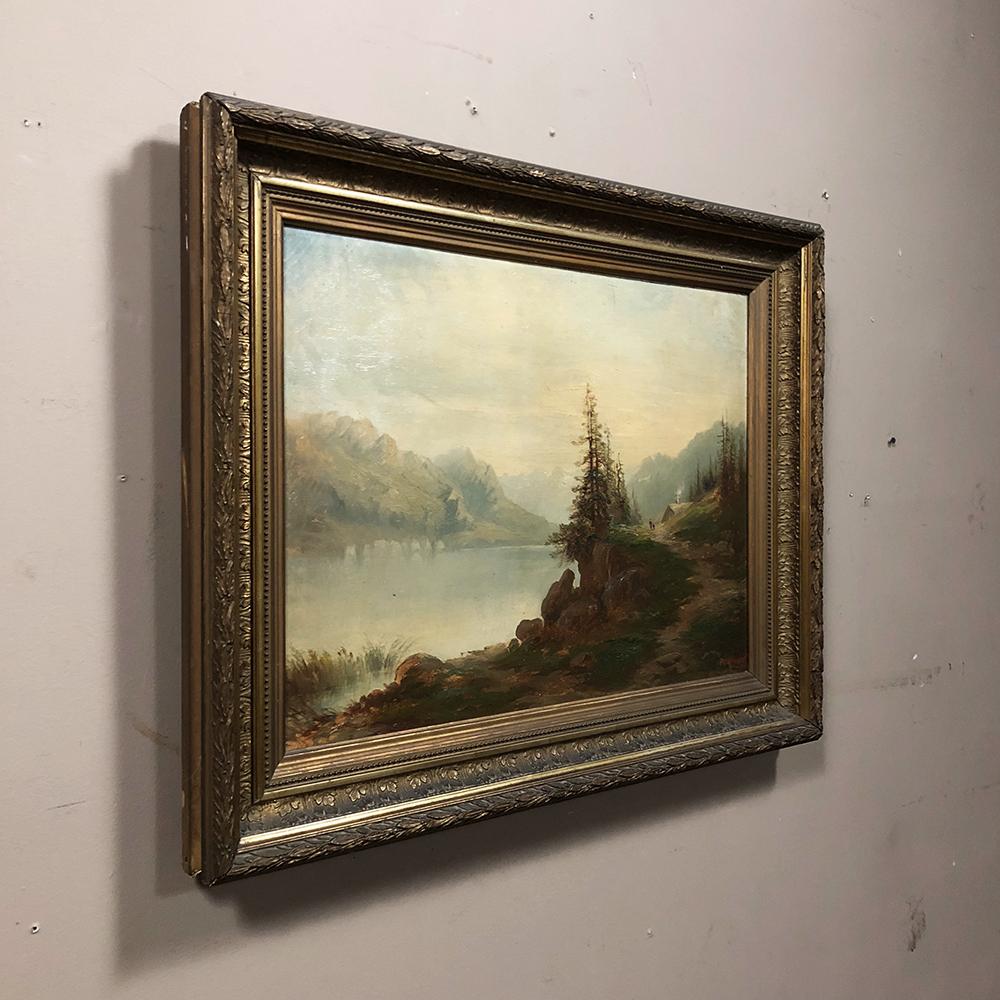 Pair of 19th century framed oil paintings on canvas by artist Regnier showcase two beautiful pastoral landscapes, with subtle coloration that will make them ideal for creating a tranquil effect in any room. Each survives with its original