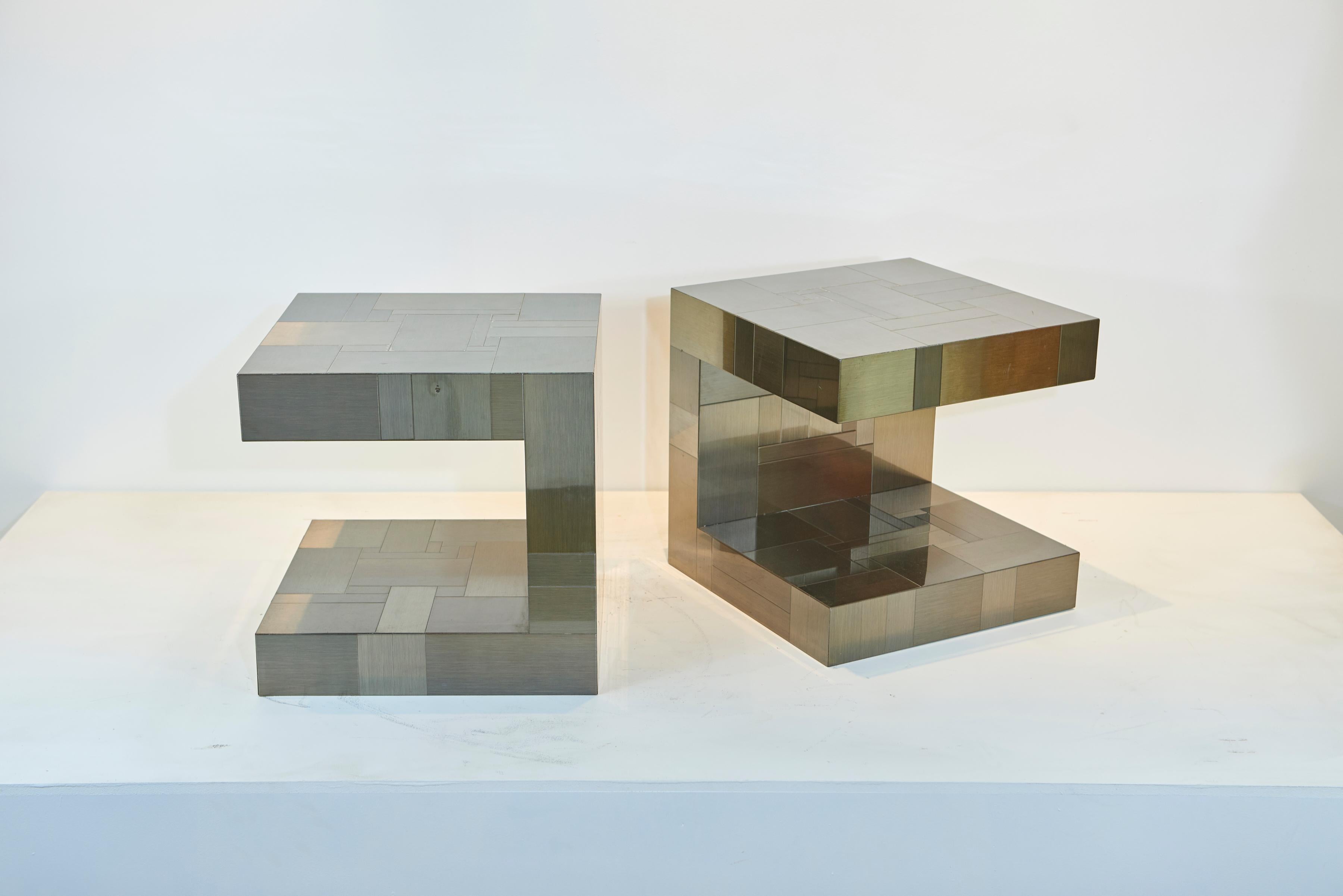 Paul Evans gunmetal cityscape end tables. Signed.