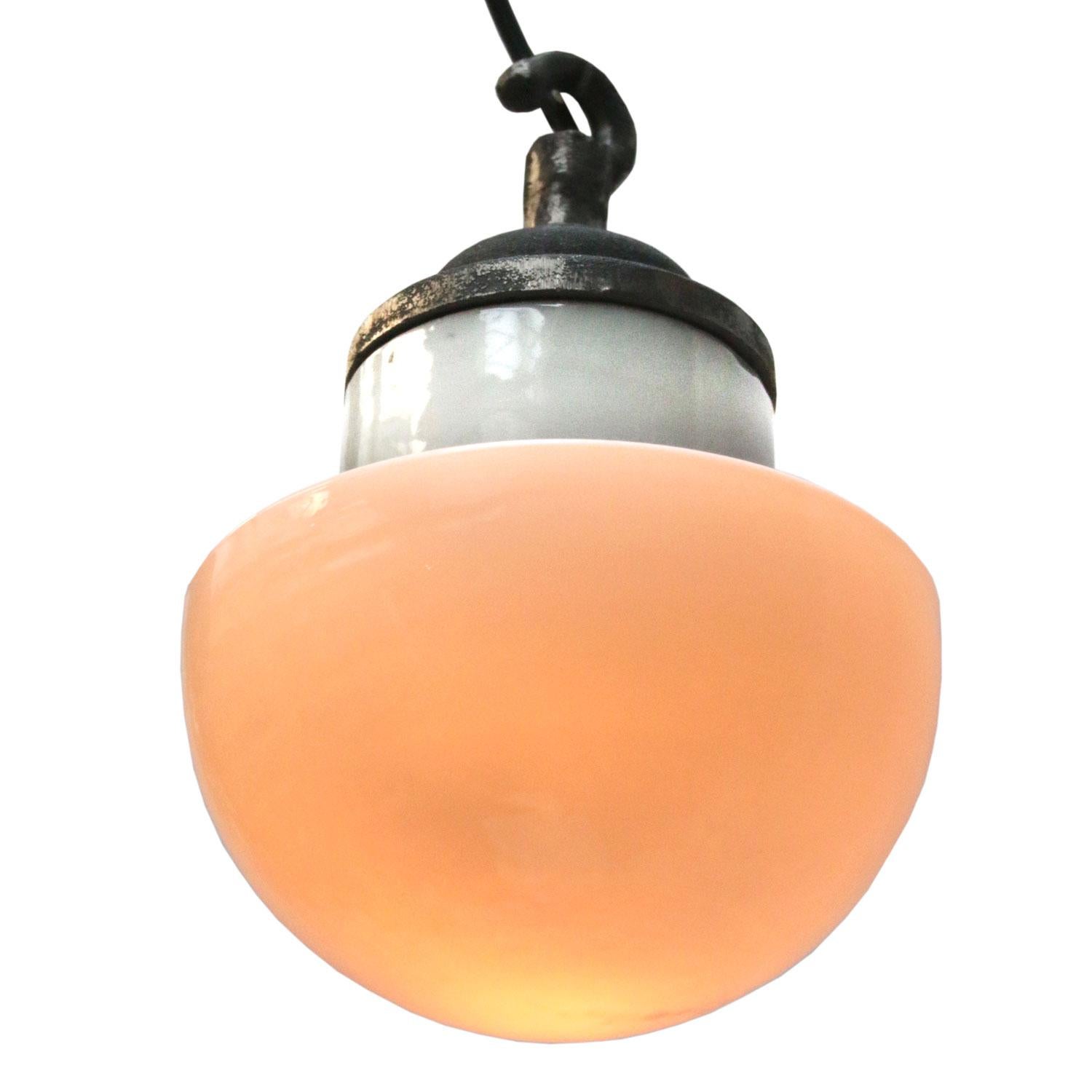 Porcelain industrial hanging lamp. White porcelain. Cast iron and Opaline glass.
Two conductors. No ground.

Weight: 1.5 kg / 3.3 lb

All lamps have been made suitable by international standards for incandescent light bulbs, energy-efficient and LED
