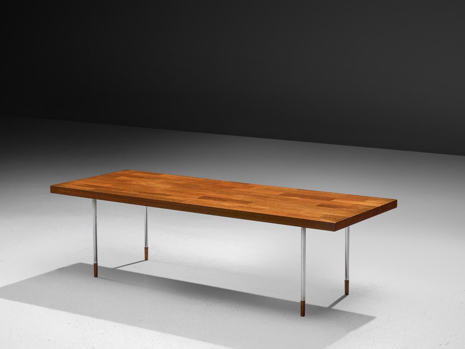 Fristho, coffee table, teak and stainless steel, The Netherlands, 1960s.

The rectangular top is made with teak veneer slats. The warm expression of the basic top beautifully contrasts to the thin tubular steel legs. At the end of the legs there are