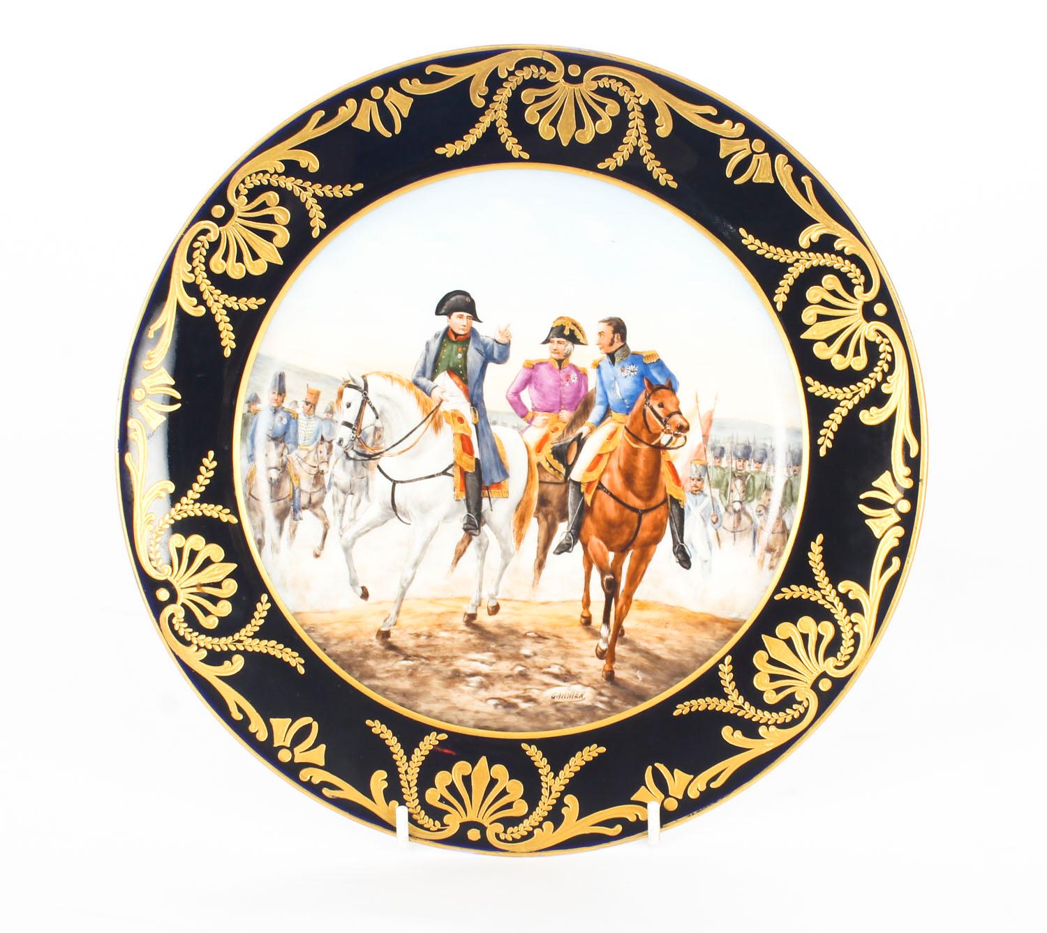 This is an absolutely fabulous and decorative antique pair of porcelain cabinet plates by Geyer & Körbitz, signed Garnier (Édouard Garnier 1840-1903) circa 1890 in date.

Both beautifully painted, with Napoleon on horseback with his generals and