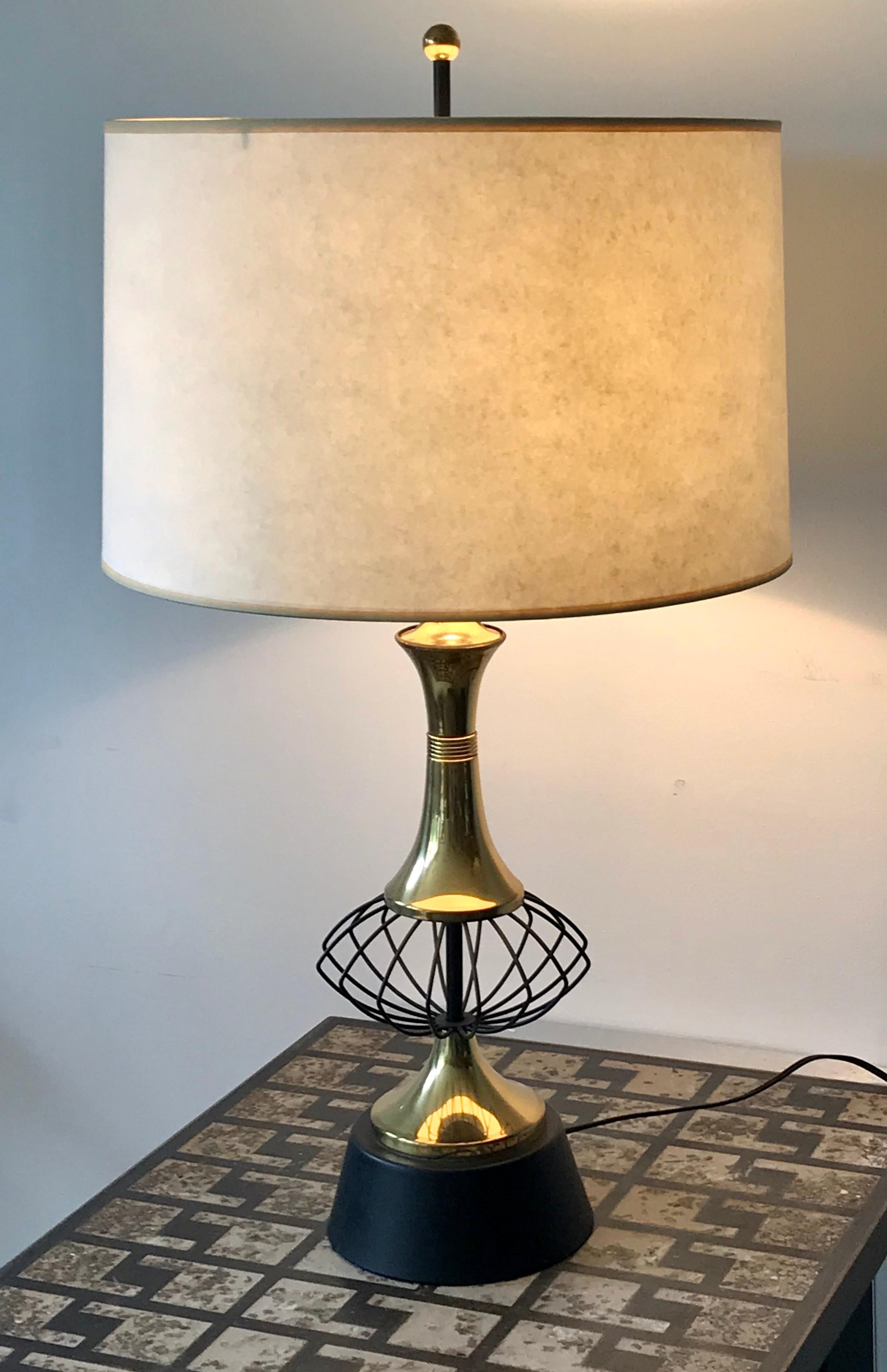 Very cool midcentury Sputnik atomic table lamp in brass and metal, rewired, shade not included.