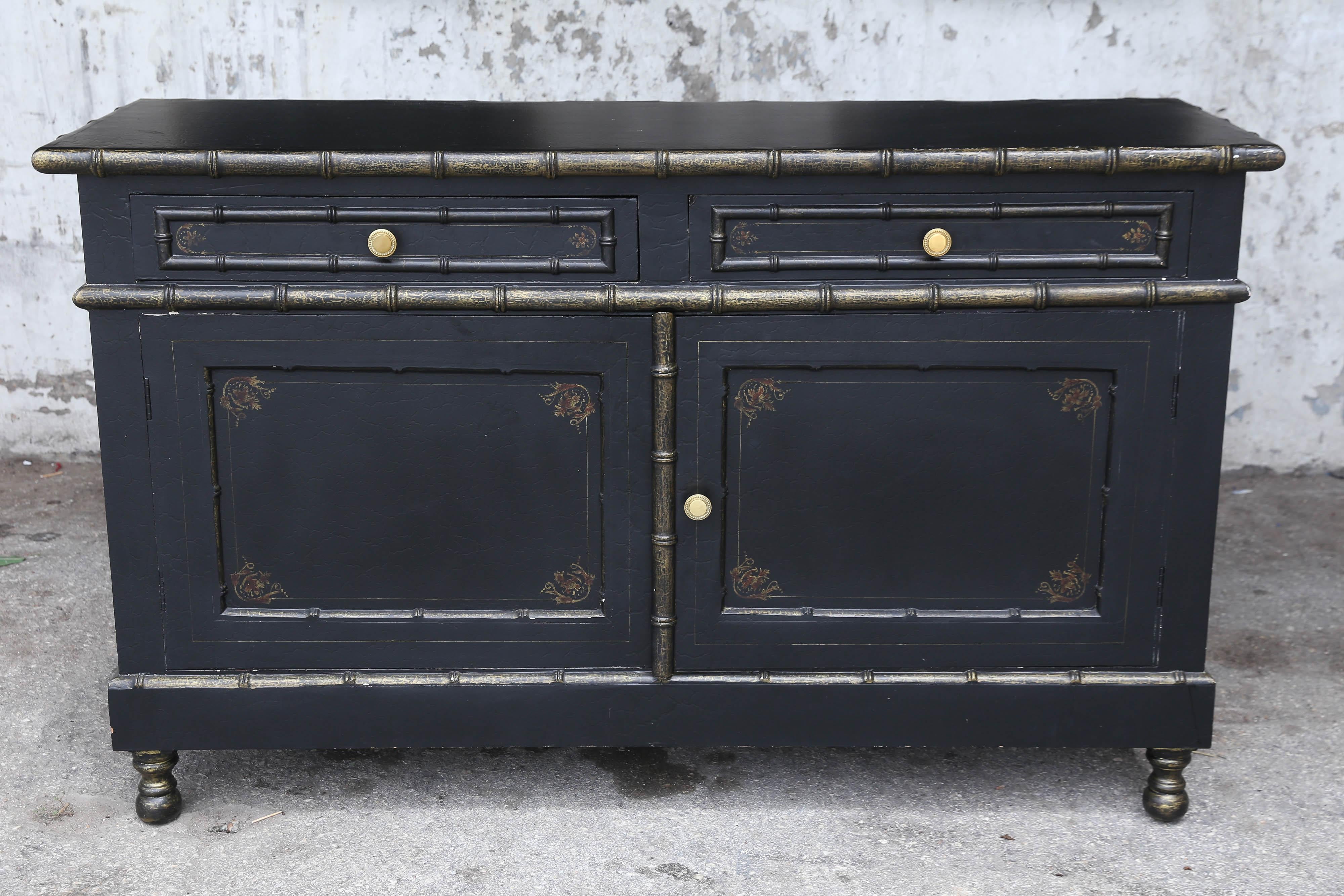 British Colonial Vintage Faux Bamboo Black Credenza with Gold Trim For Sale