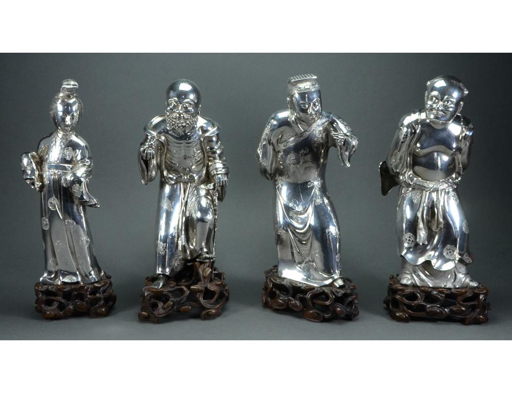 Important and rare silver figures of eight immortals Yangqinghe Jiuji marks, Late Qing dynasty. Each hollow figure portraying one of the immortals in an animated pose, with highly detailed facial features, four pierced with apertures for the