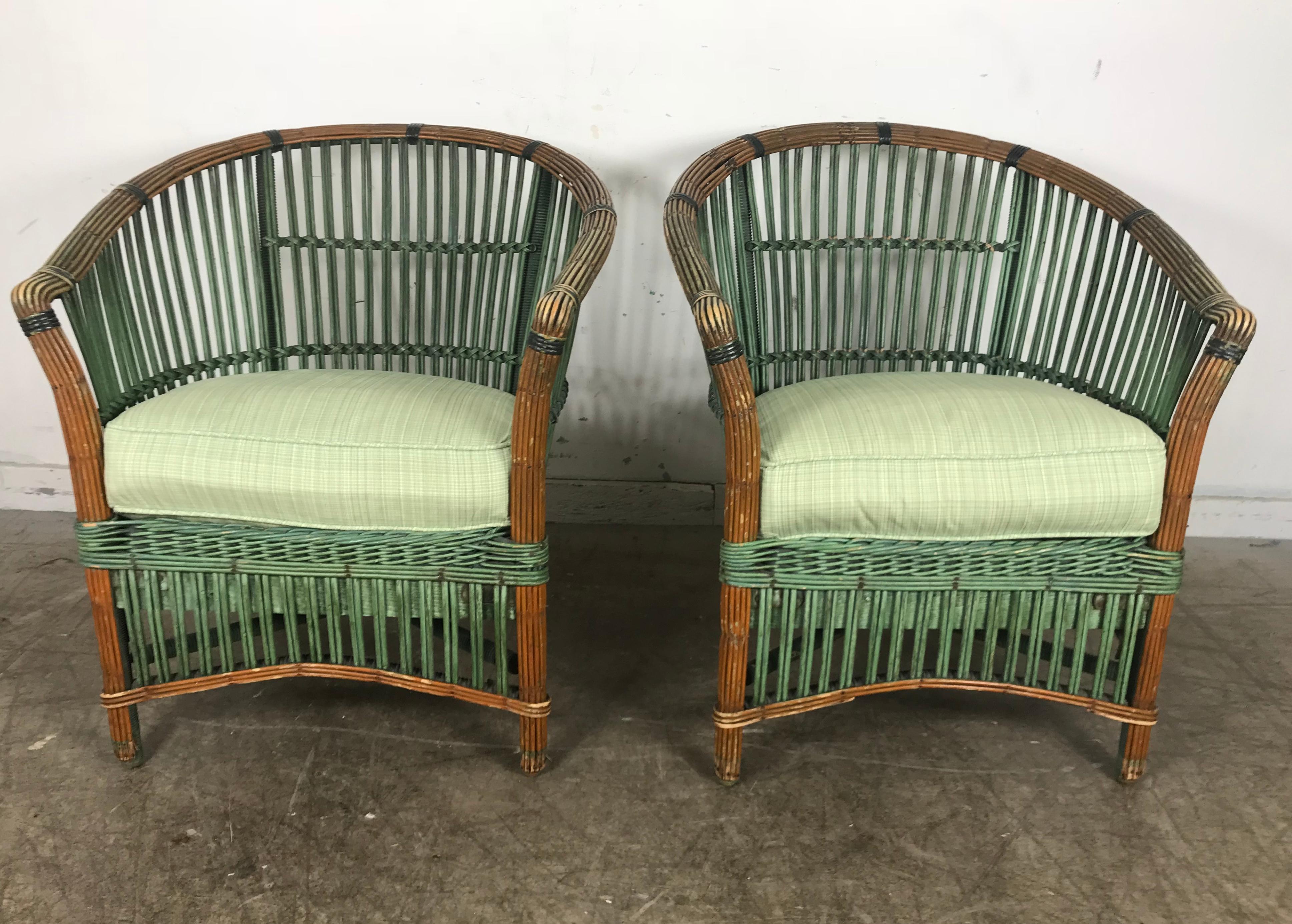 American Pair of Art Deco Split Reed Stick Wicker Lounge Chairs