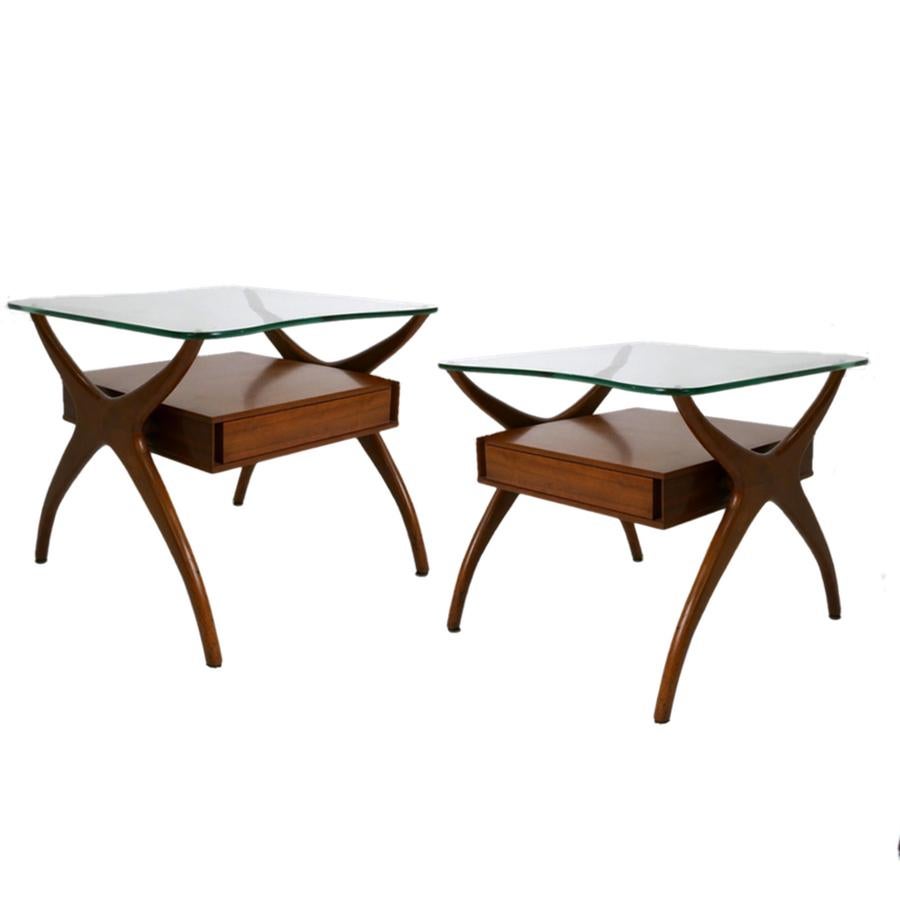 Mid-Century Modern Midcentury Pair of Sculptural Walnut and Glass End Tables