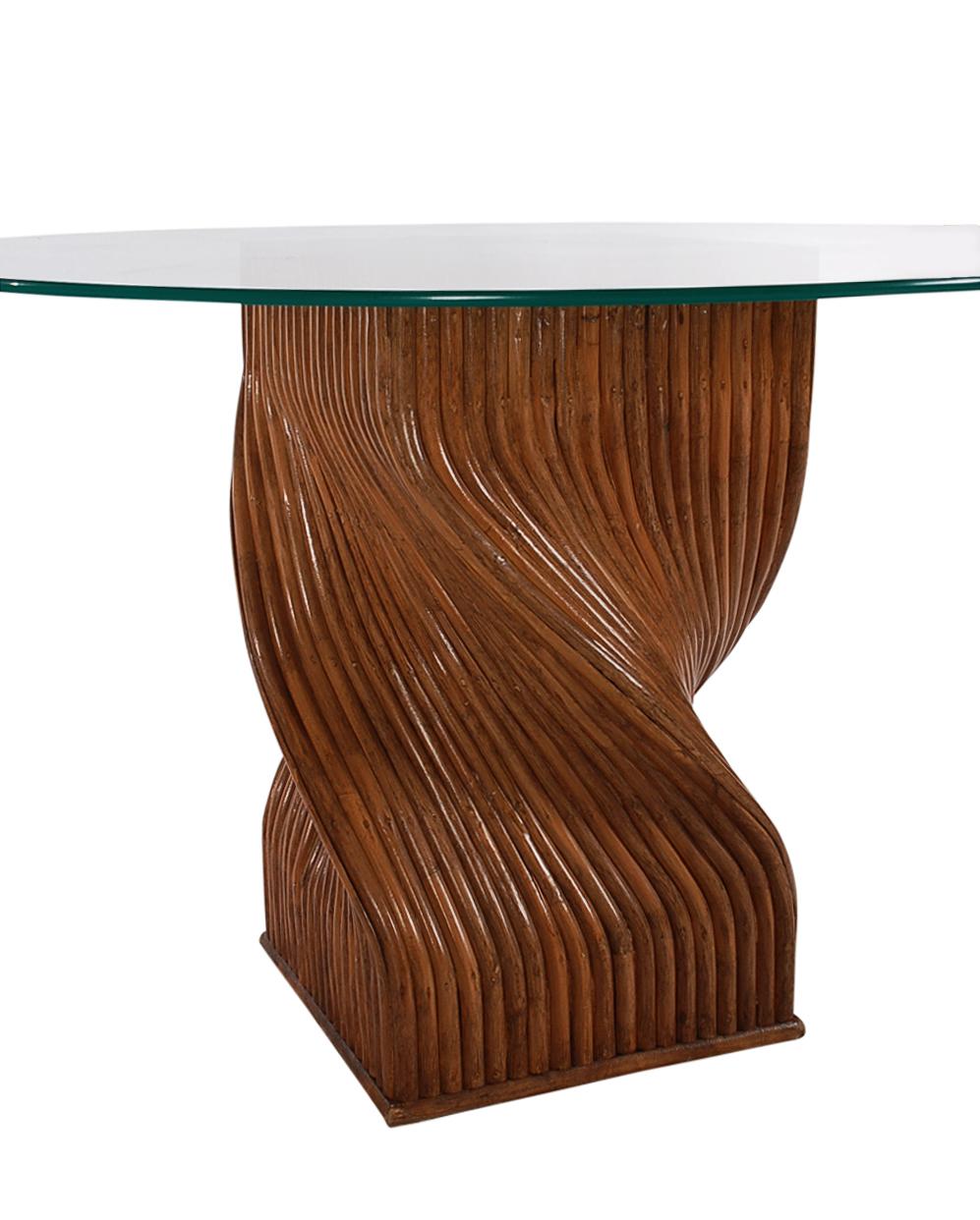 American Walnut Stained Mid-Century Modern Dark Bamboo Spiral & Round Glass Dining Table