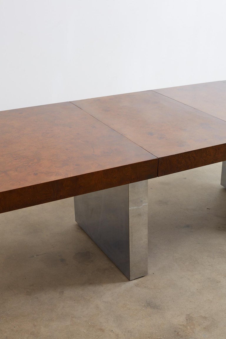 Mid-Century Modern Milo Baughman Burl Wood Chrome Extension Dining Table