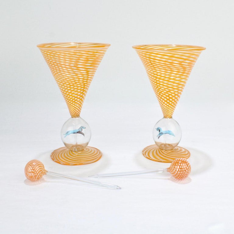 Set of 6 Bimini Glass Art Deco Martini Glasses with Cocktail Spears at