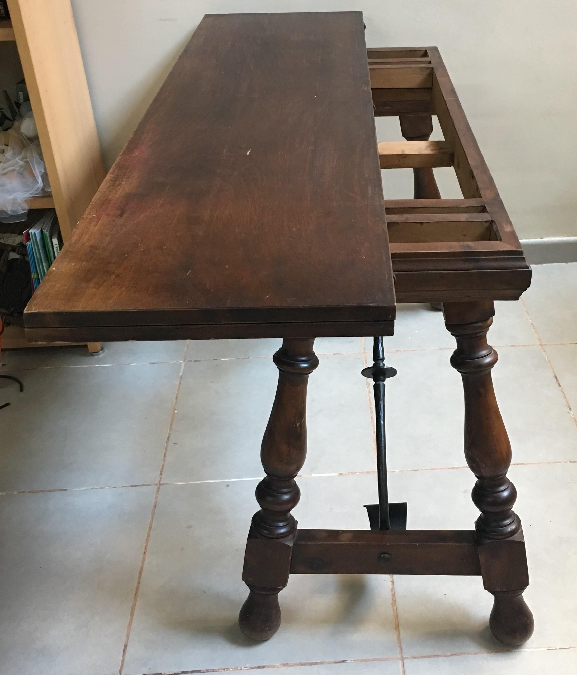 Spanish Colonial 20th Century Spanish Console Fold Out Farm Table with Iron Stretcher