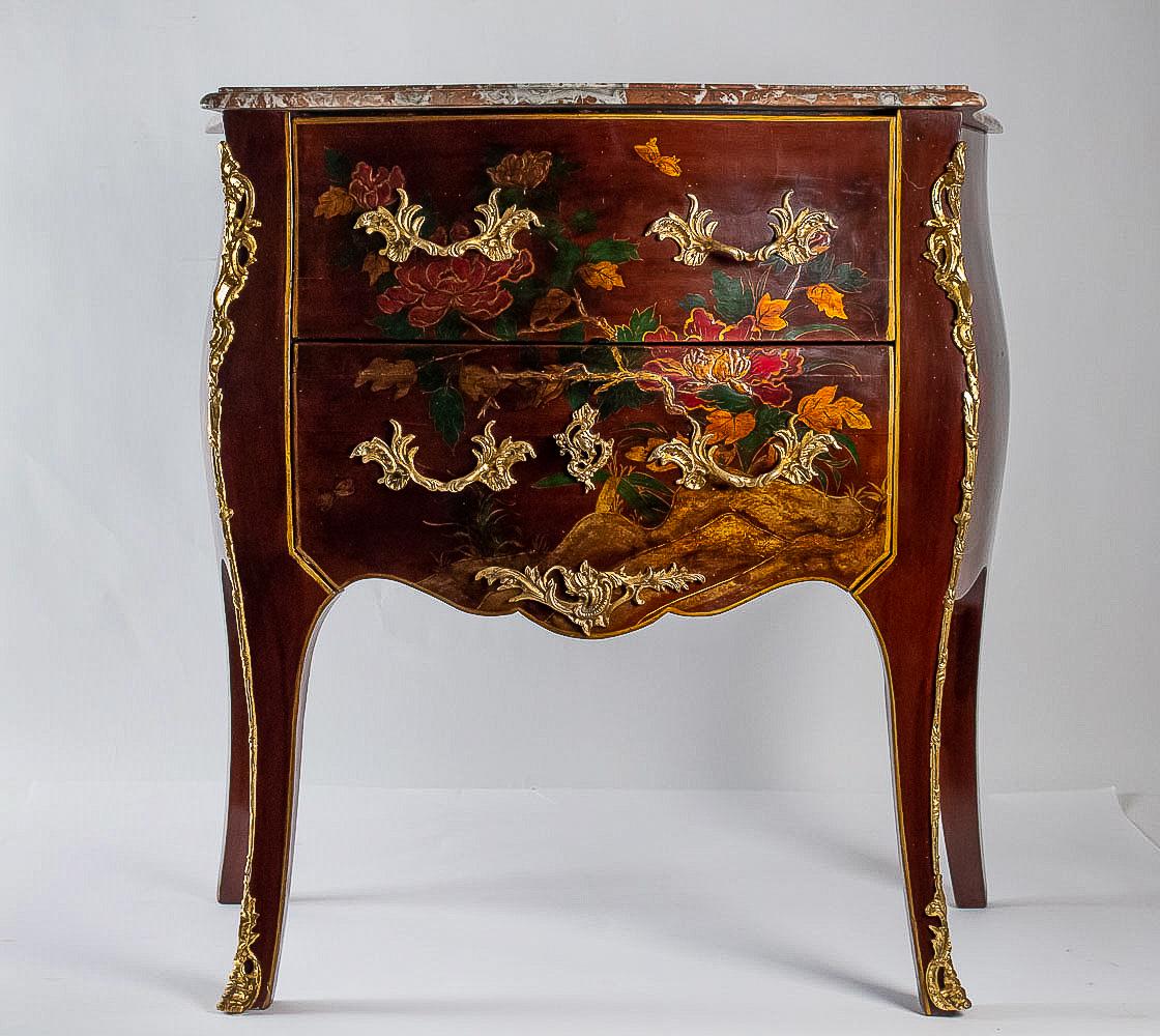 French Louis XV Style Early 20th Century Lacquer Commode Flowers and Chinoiserie Scenes For Sale