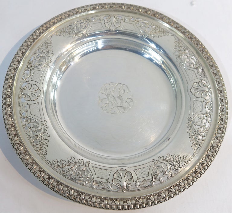 Set of 12 Antique Sterling Silver Chased and Pierced Dessert Plates at