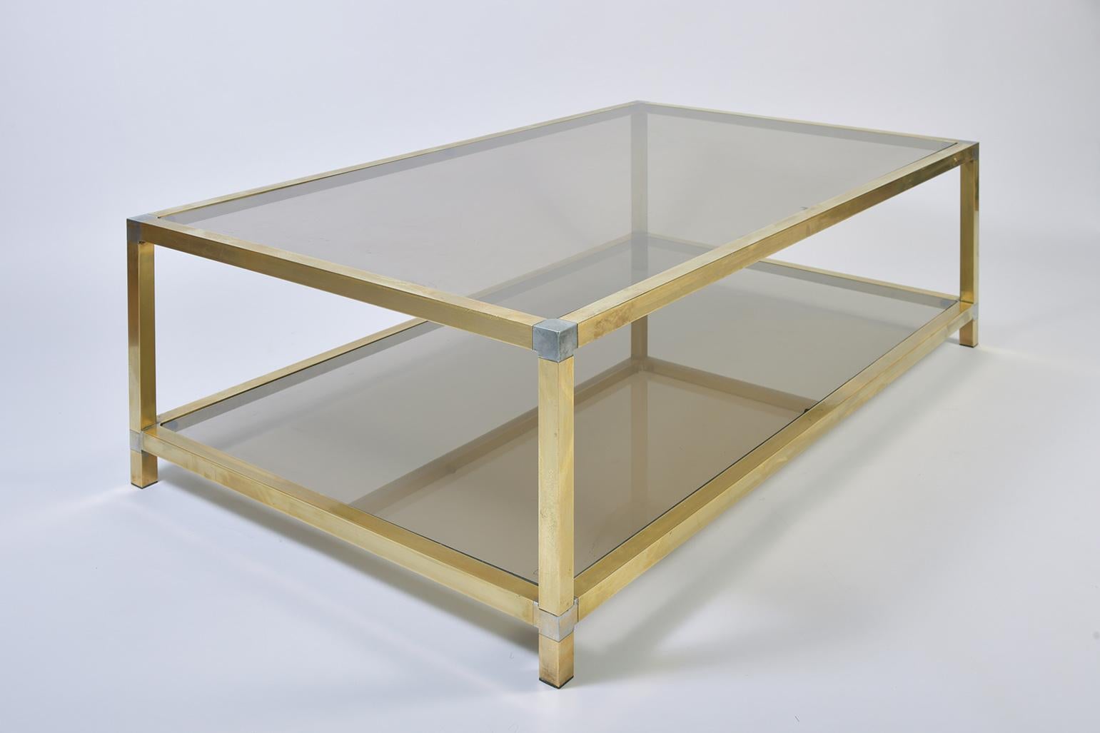 Mid-Century Modern Large 1970s Brass and Smoked Glass Two-Tiered Coffee Table