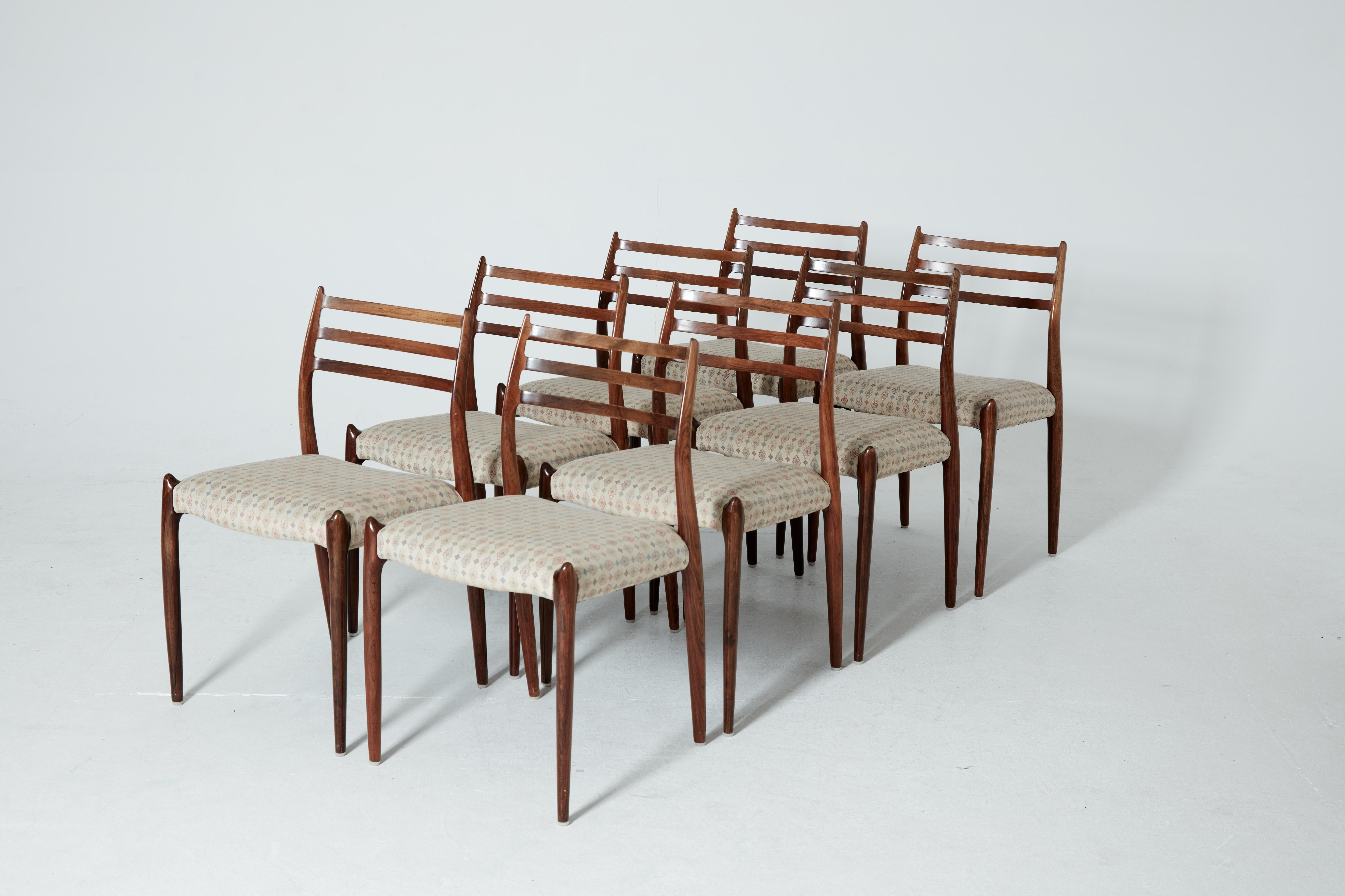 Mid-Century Modern Set of Eight Model 78 Rosewood Chairs by Niels O. Møller, Denmark, 1960s