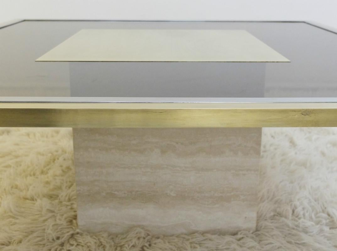 Mid-Century Modern Table in Smoked Glass, Travertine, Chrome and Brass Top by Roger Vanhevel