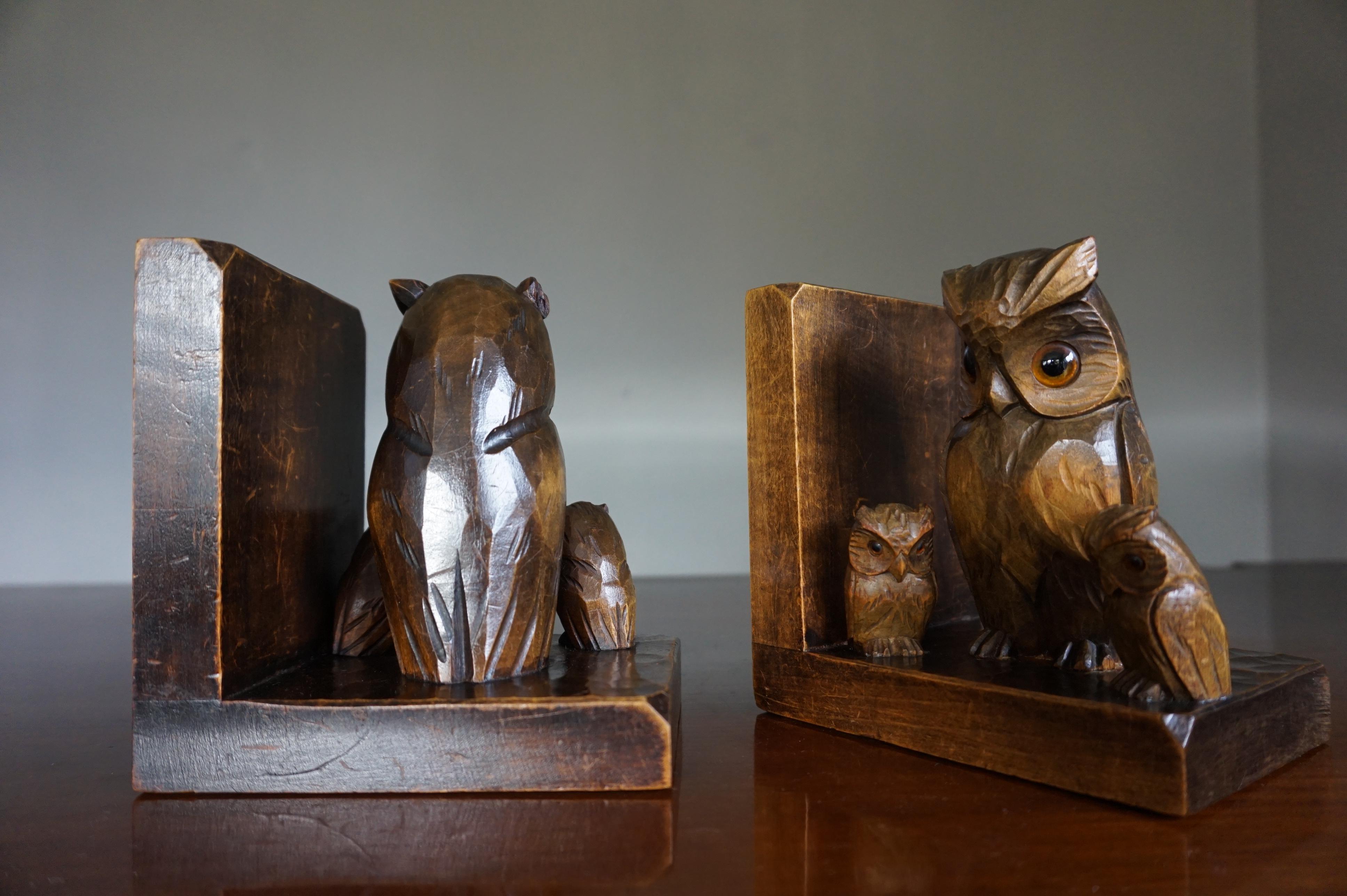 European Early 20th Century Art Deco Era Bookends W. Hand Carved Family of Owl Sculptures