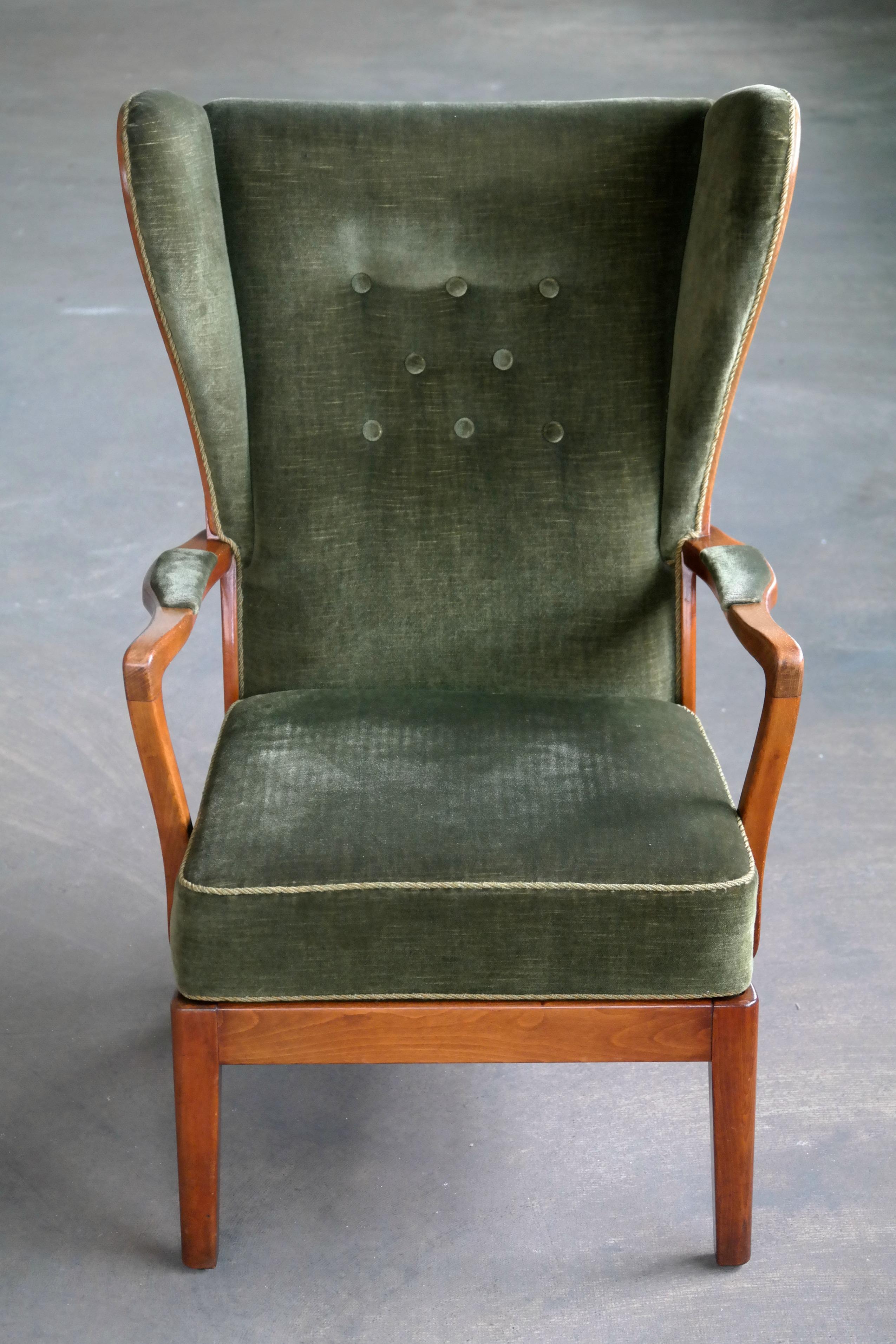Mid-Century Modern Danish Modern 1950s Highback Lounge Wing Chair Attributed to Fritz Hansen