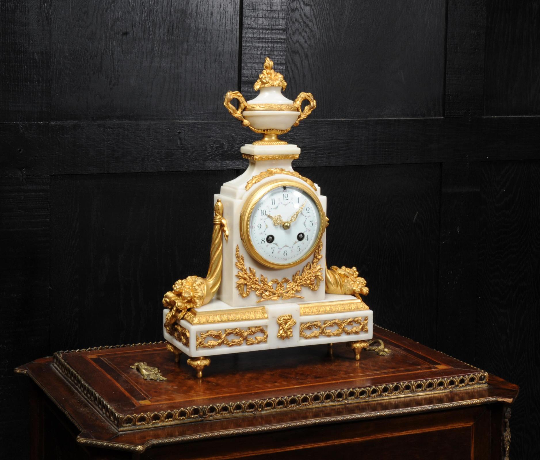 Louis XVI Antique French White Marble and Ormolu Boudoir Clock