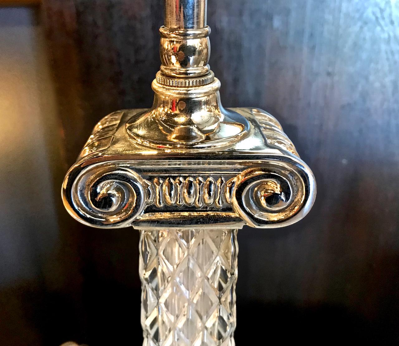 Neoclassical Pair of Cut Crystal Marbro Style Ionic Column Lamps
