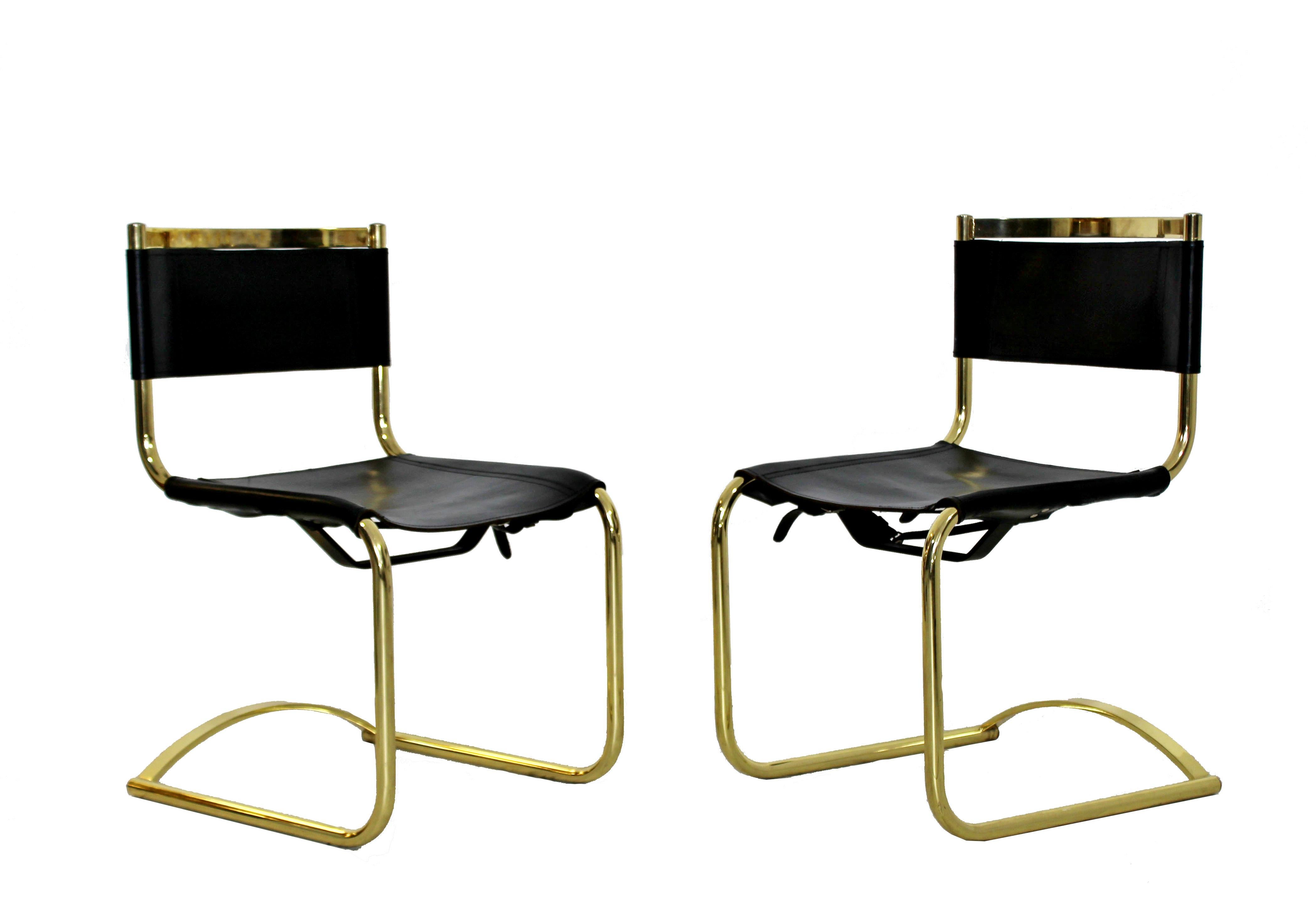 American Mid-Century Modern 8 Brass Black Leather Side Dining Chairs Breuer Mies Era