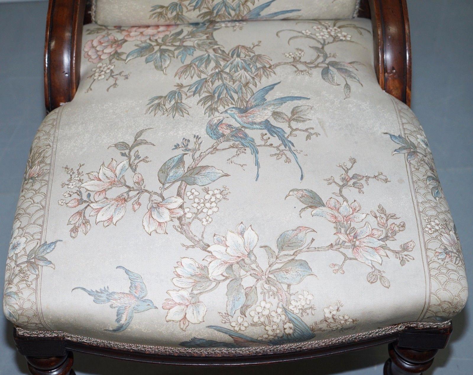English Victorian Mahogany Library Chair Part of Suite Satin Floral and Birds Upholstery