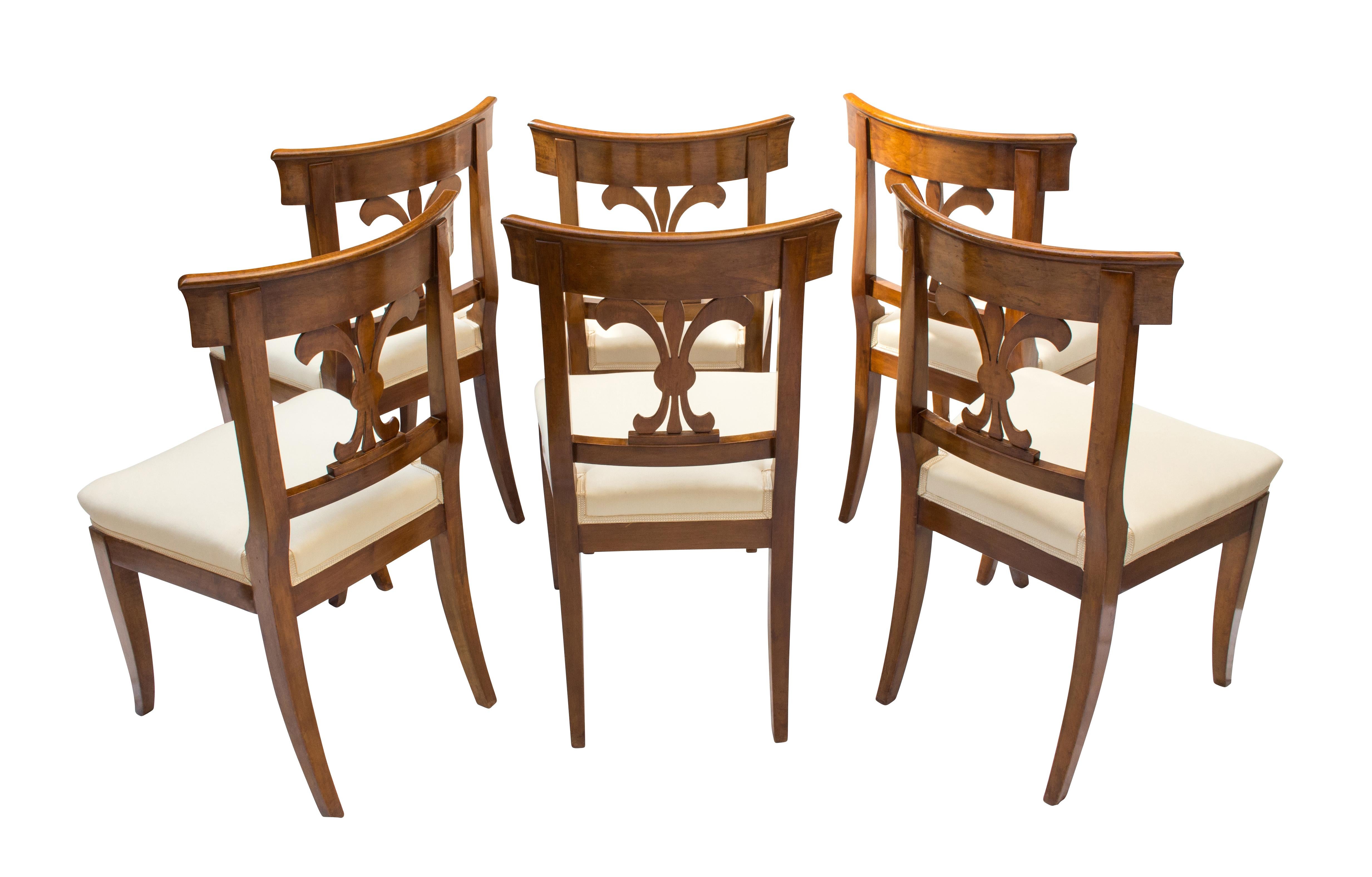 French 19th Century, Set of Six Solid Walnut Biedermeier Chairs