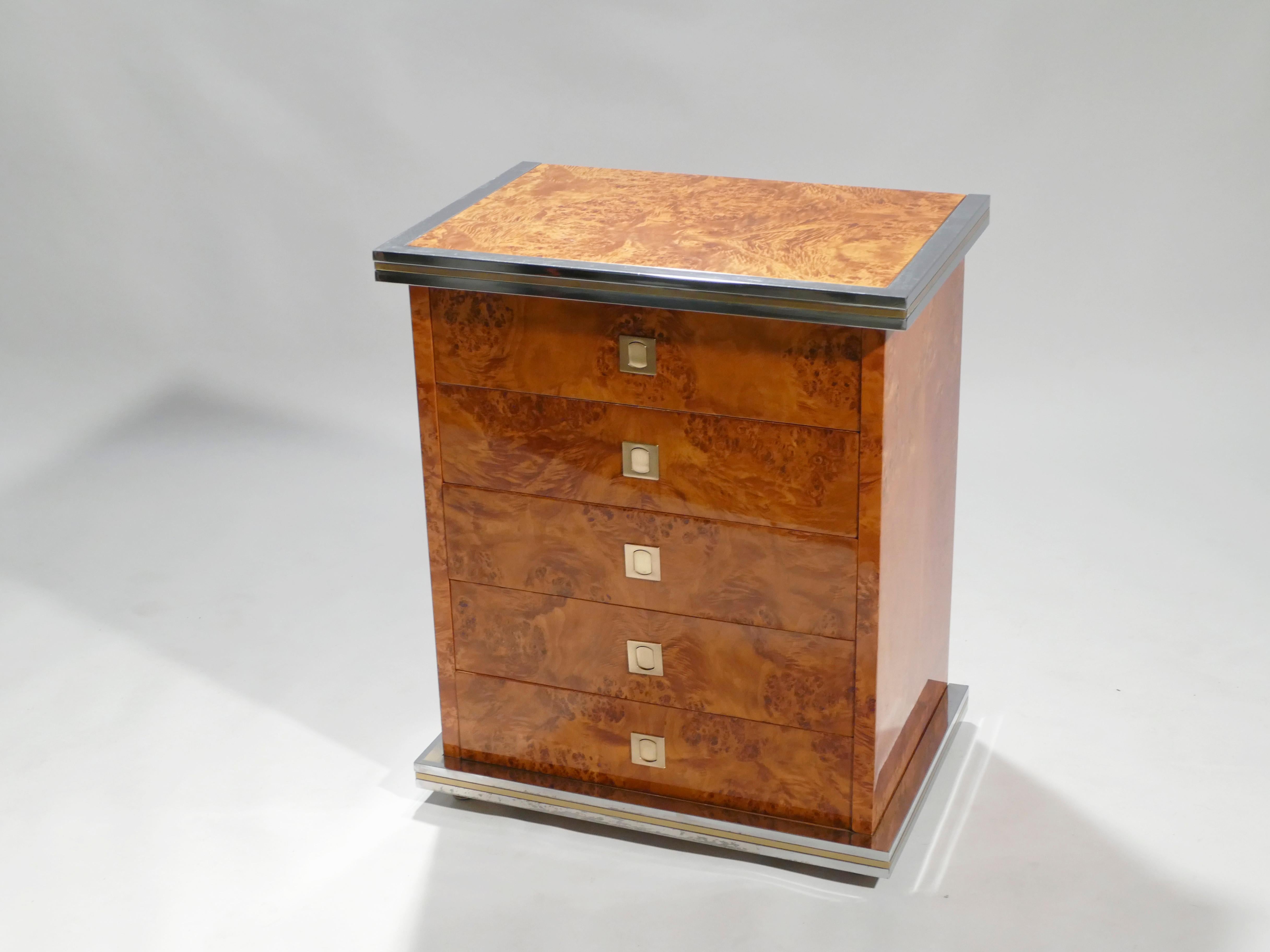 Mid-Century Modern Willy Rizzo Burl Brass Chest of Drawers, 1970s