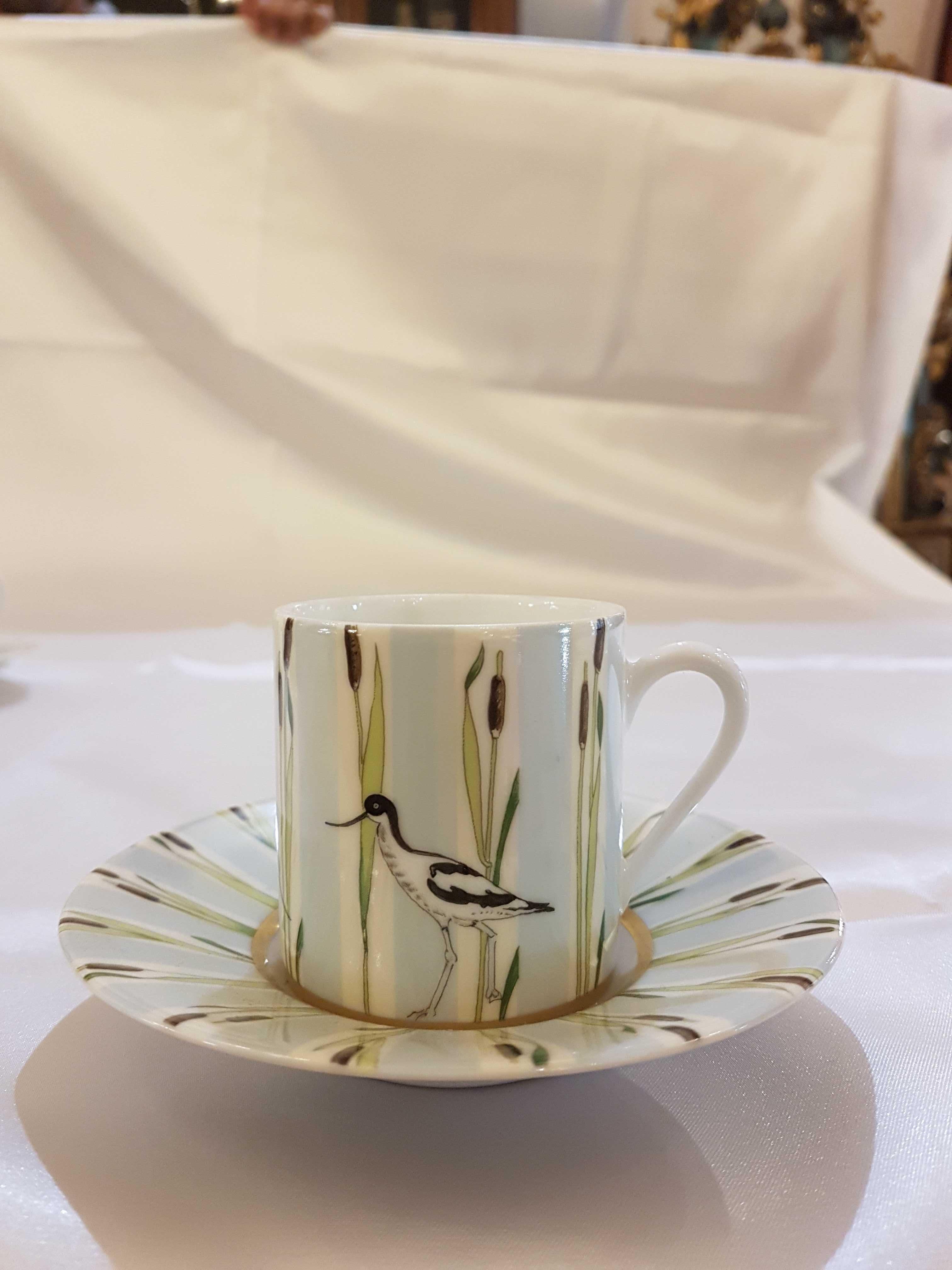French Hermès Les Matin de l'Etang Porcelain Set of Six Coffee Cups, France, Modern