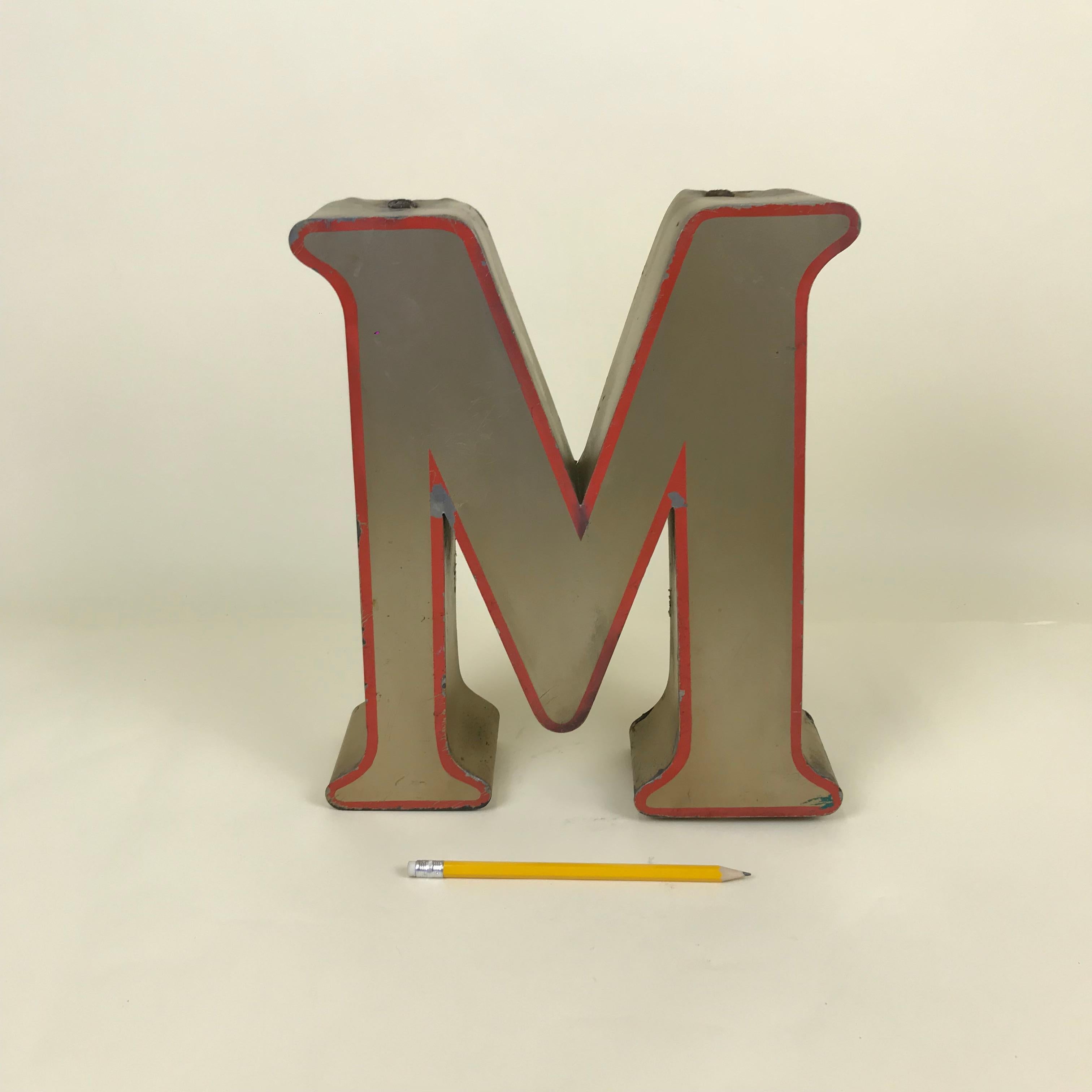 Mid-Century Modern 1970s Large English Vintage Metal Bronze Color Capital Letter M with Red Profile For Sale