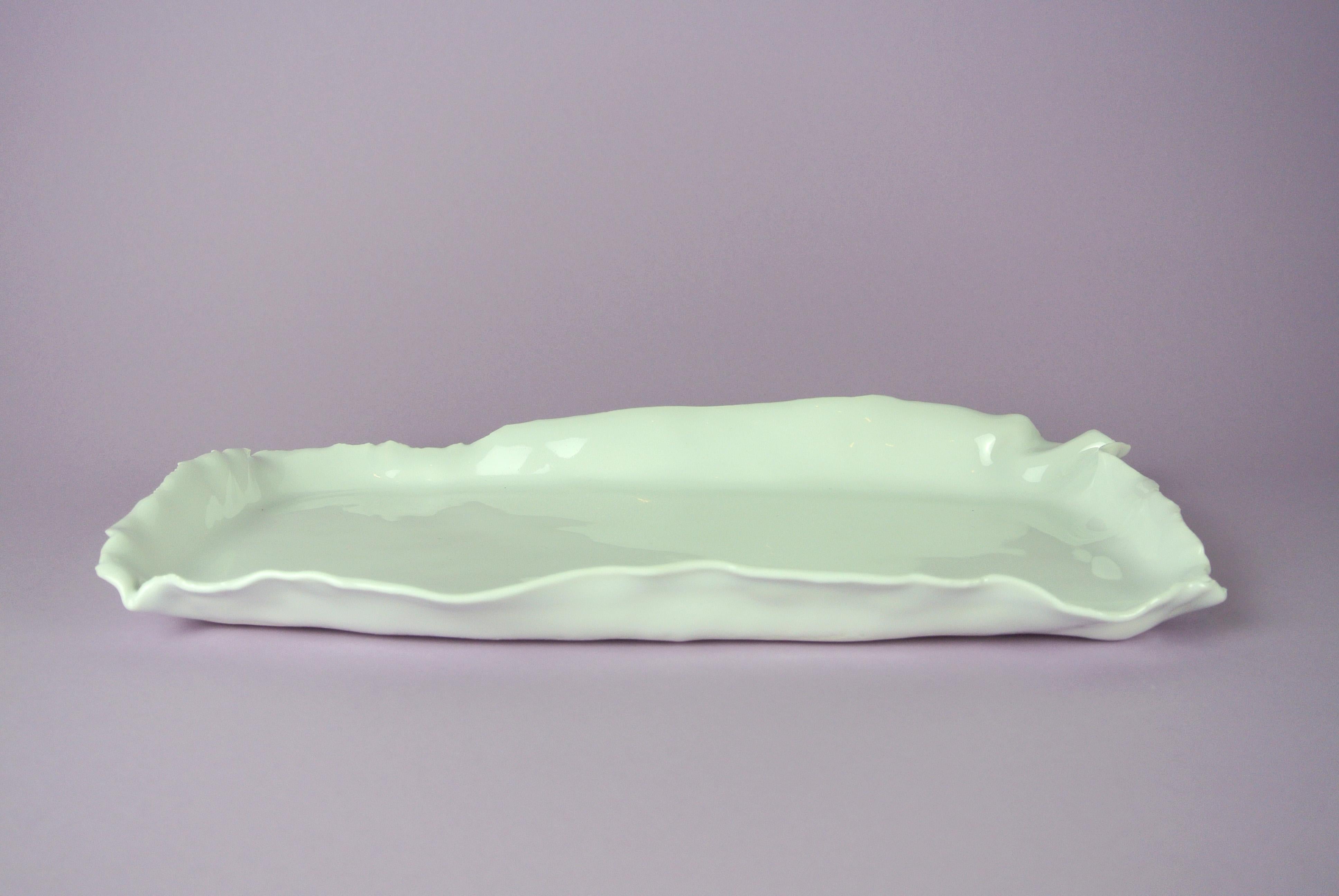 Organic Modern Thin Porcelain Tray with White Glossy Glaze