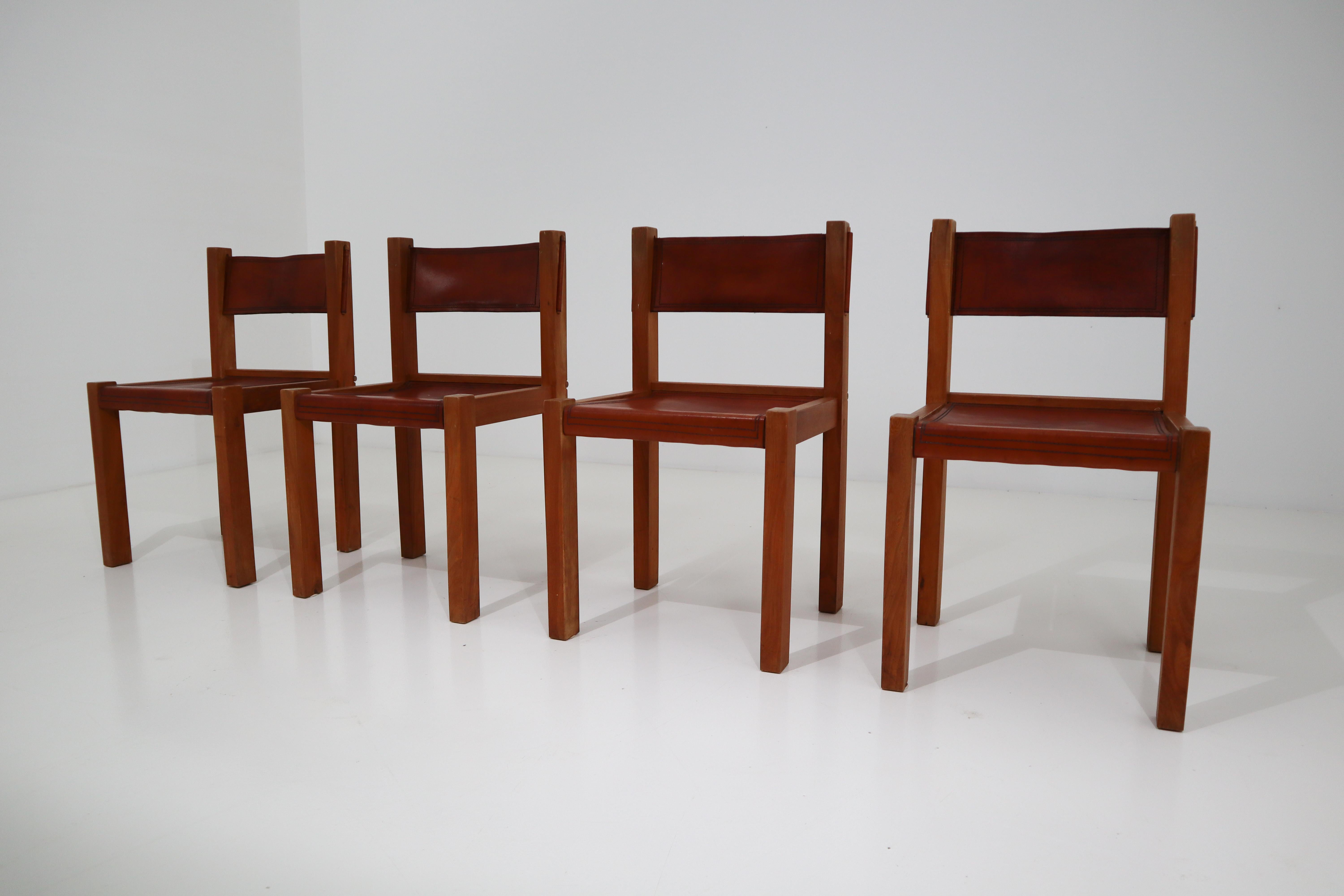 Mid-Century Modern Four Midcentury Wood and Leather Dining Chairs