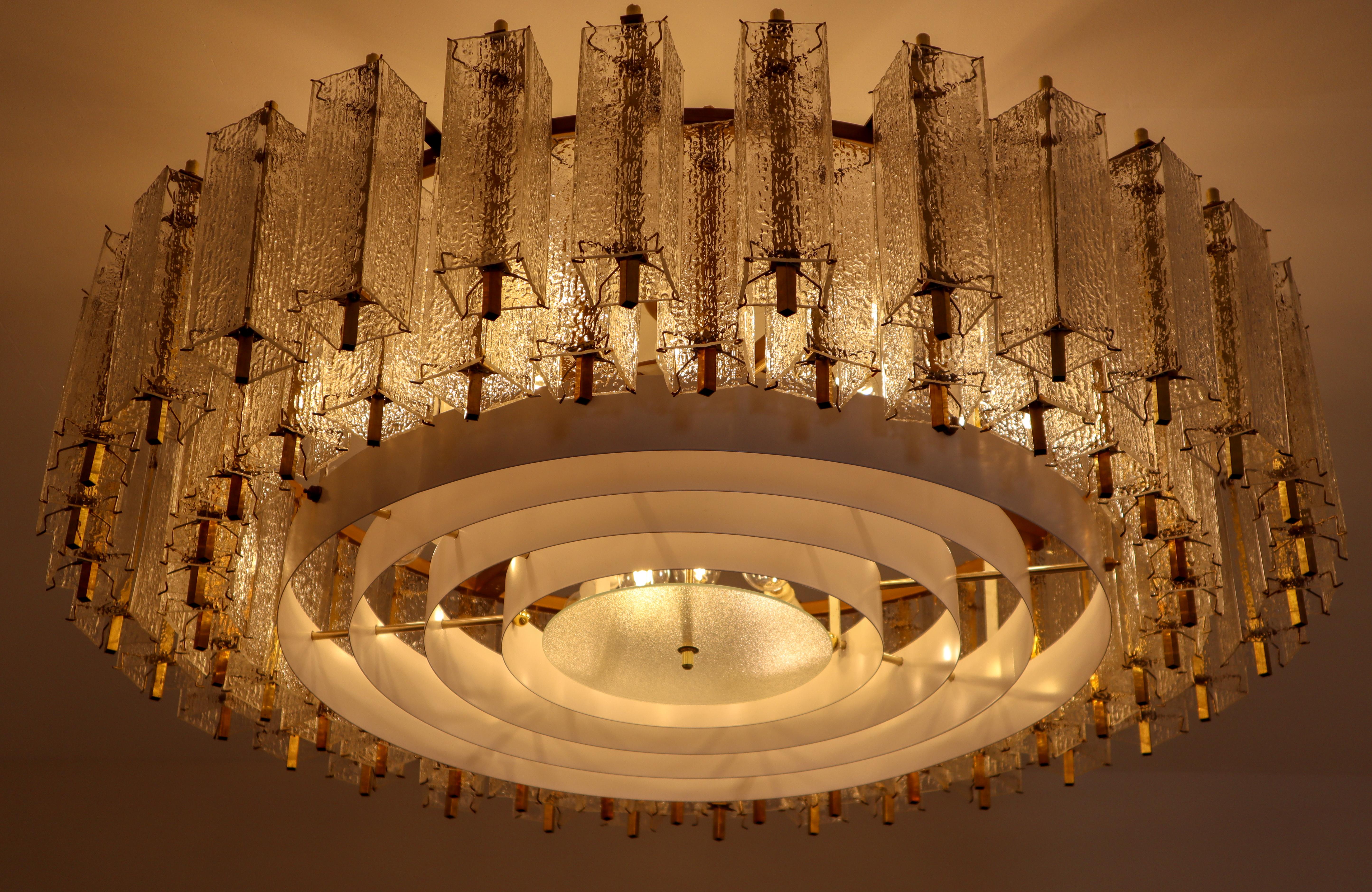Mid-Century Modern Three Extra Large Midcentury Chandeliers in Structured Glass and Brass, Europe