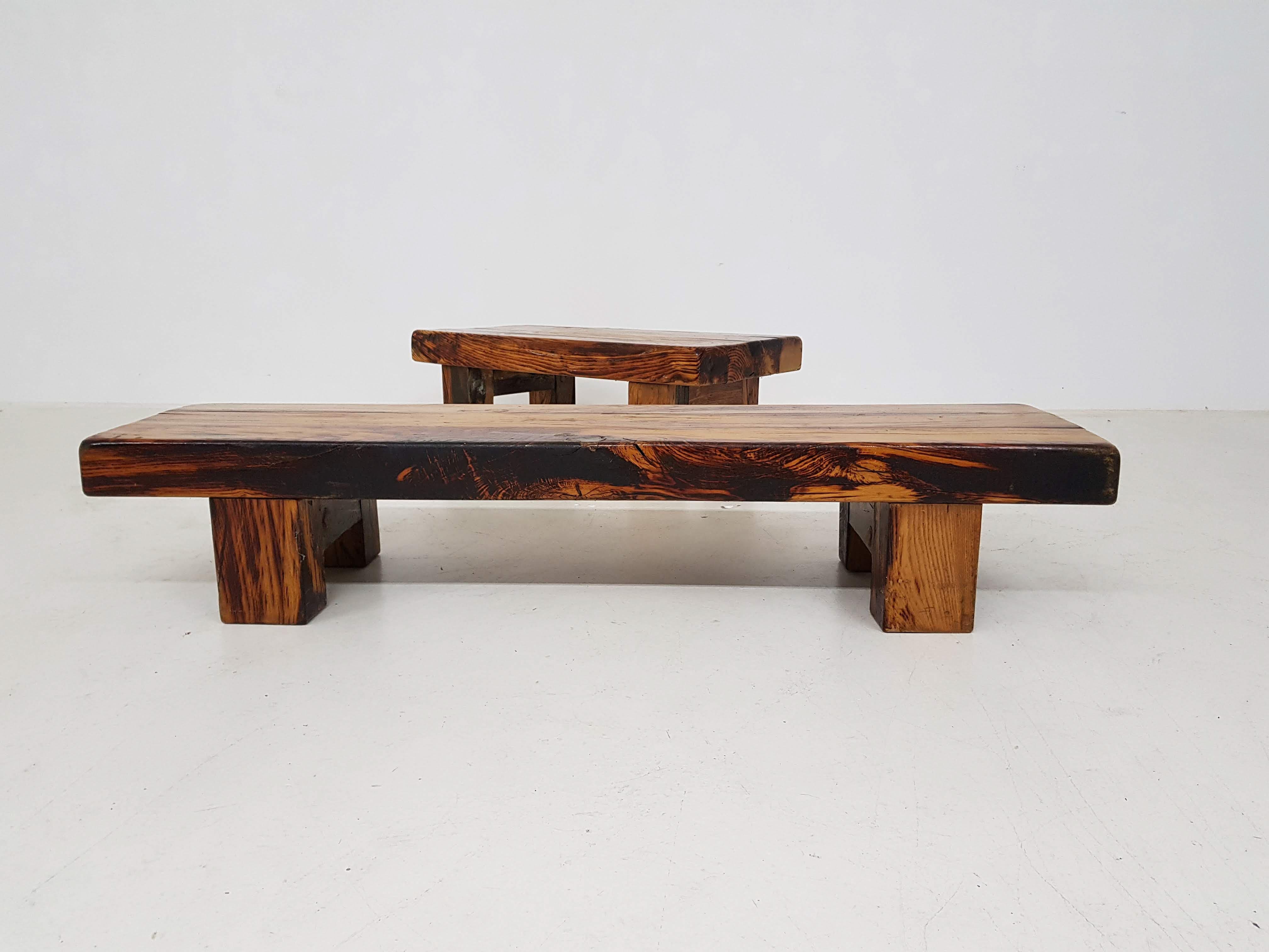 French Two Charlotte Perriand Style Brutalist Solid Oak Benches or Tables, France 1950s