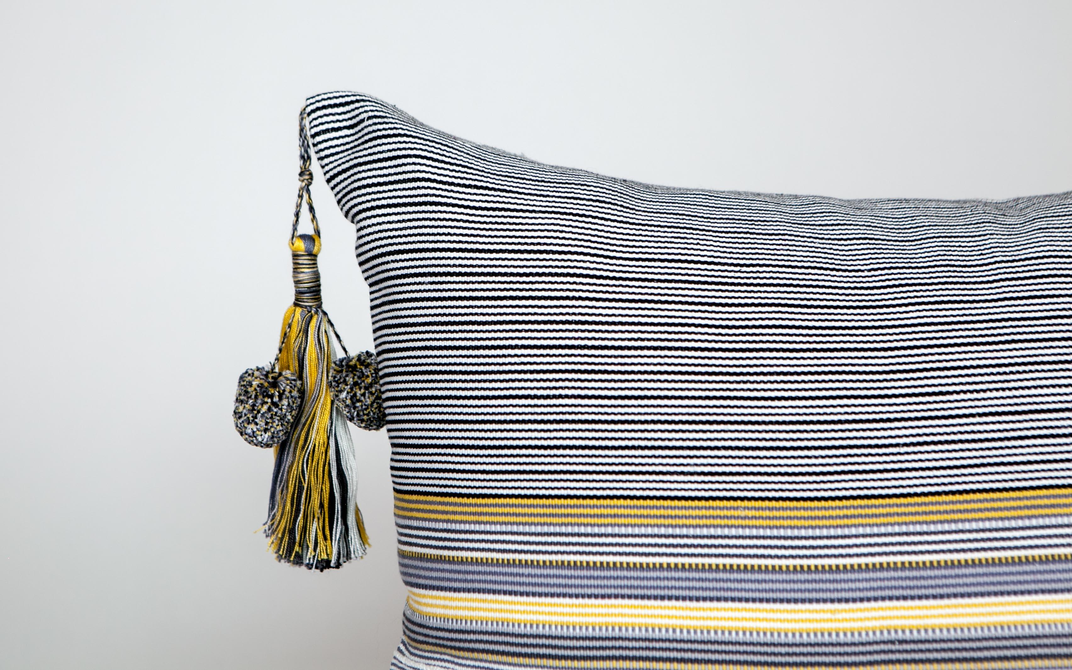 Mexican Handwoven Fine Cotton Throw Lg Pillow in Thin Grey Stripe with Tassel, in Stock For Sale
