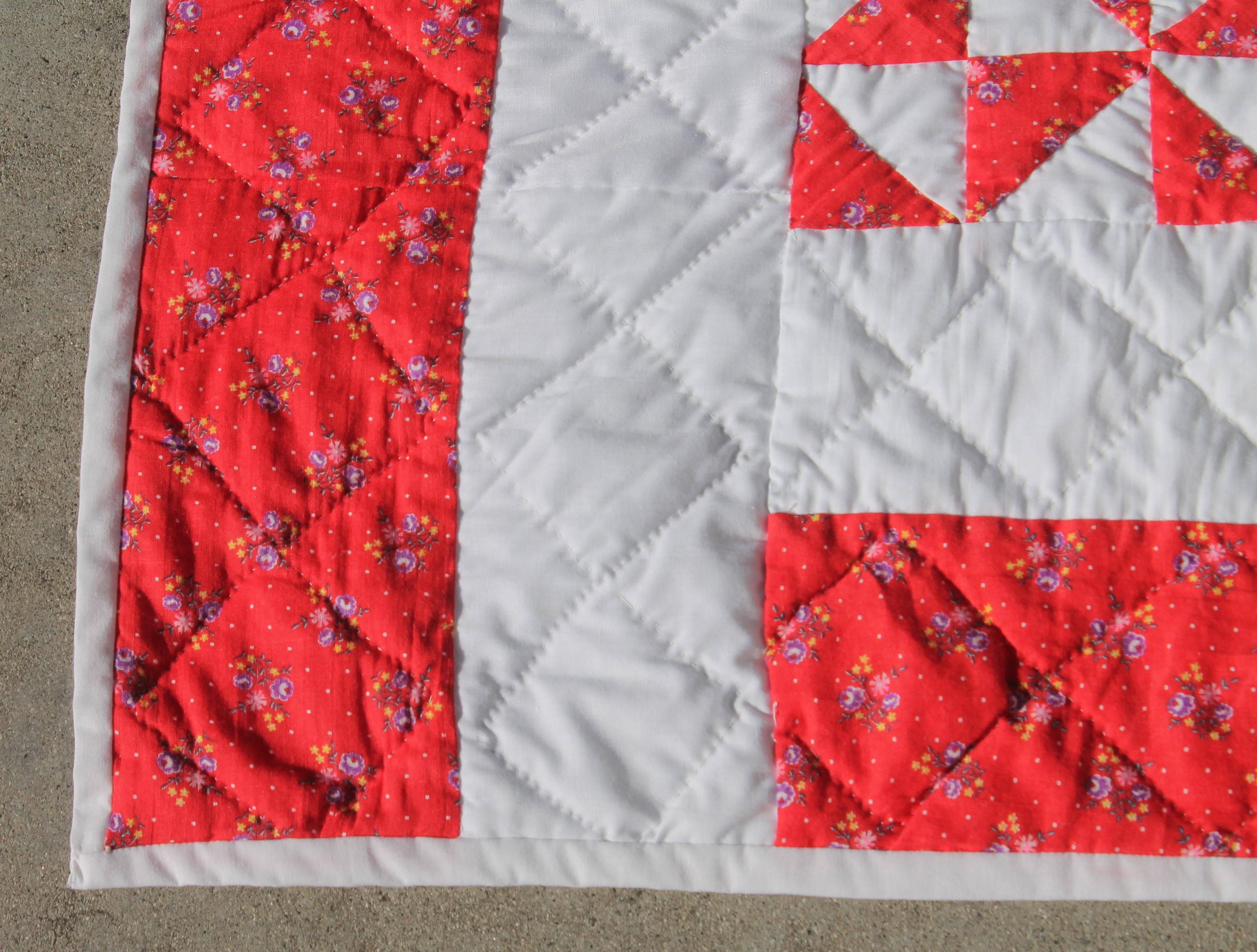 Country Antique Quilt - 20th Century Mini-Triangles Quilt Red and White