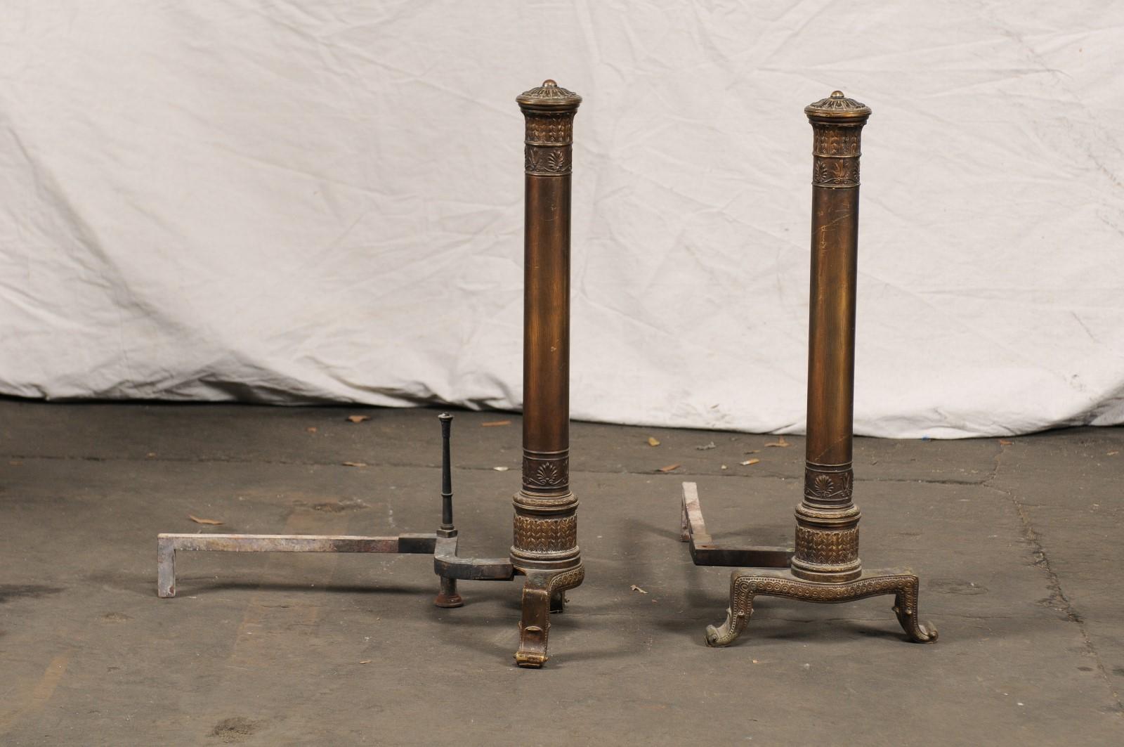Pair of 19th Century Neoclassical Tall Bronze Andirons For Sale 1