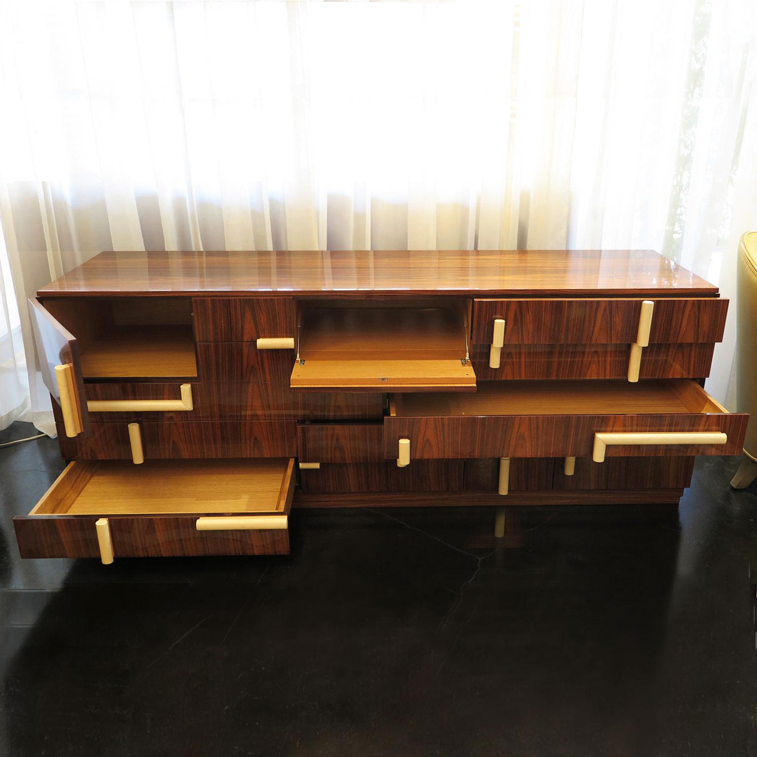 French Mid-Century Modern Puzzle Sideboard in Rosewood with Parchment Handles