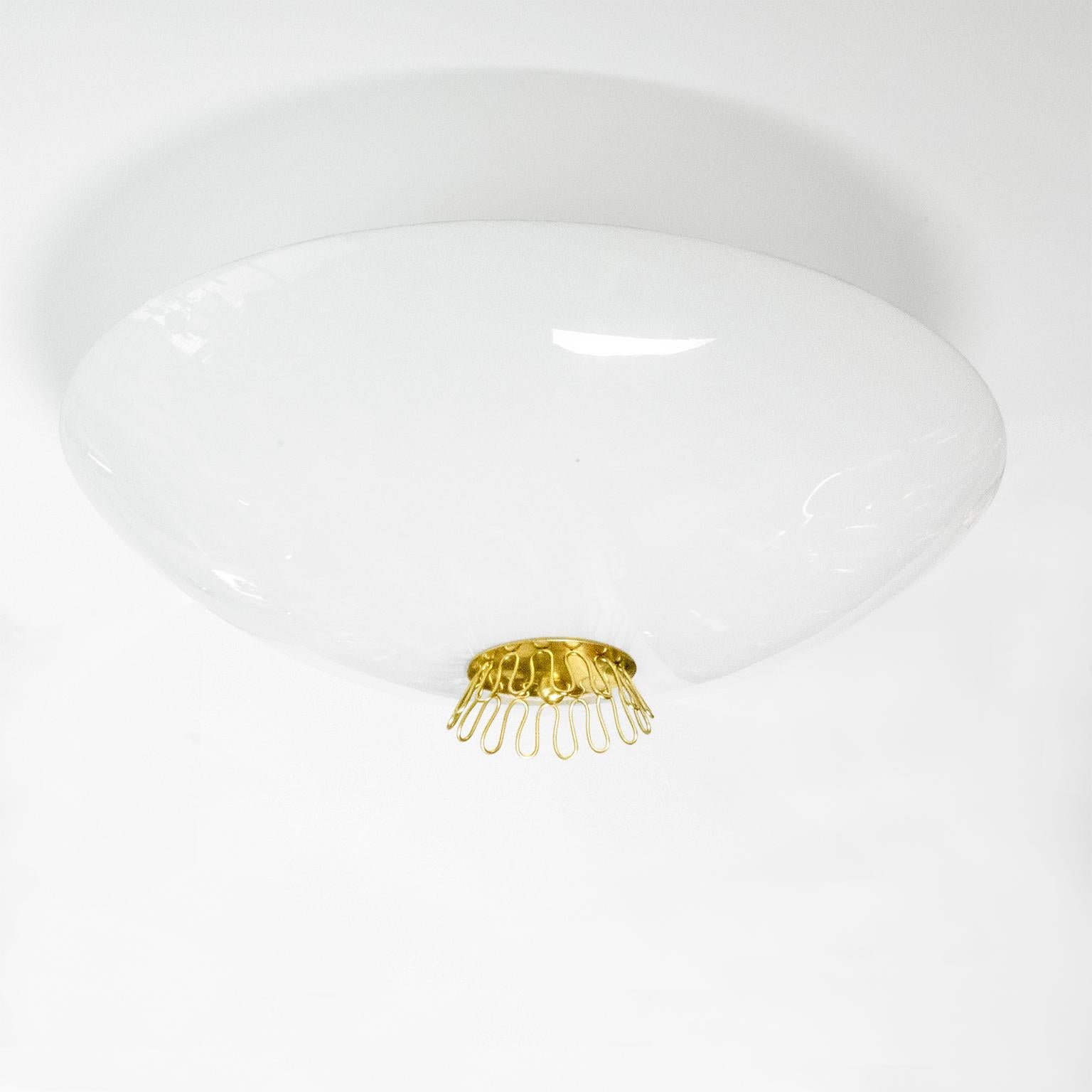 Scandinavian Modern Idman Oy Opal Glass and Brass Flush-Mount In Excellent Condition In New York, NY