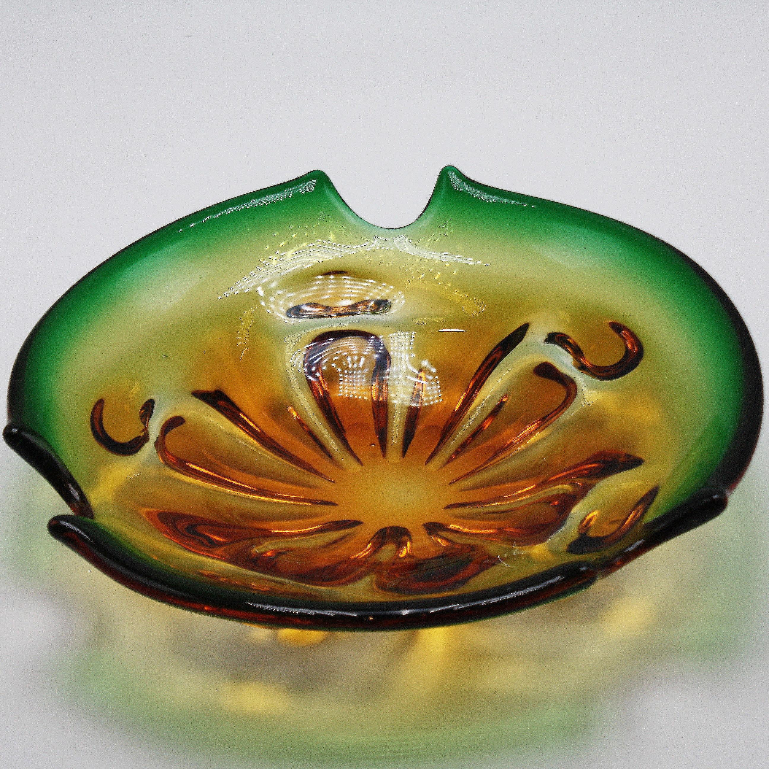 French Amber and Green Murano Glass Bowl, circa 1960