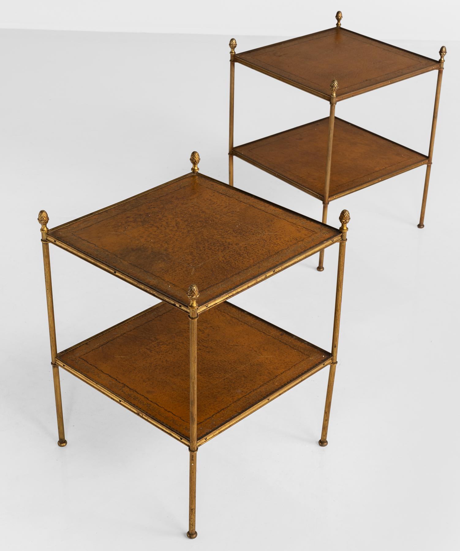 English Pair of Brass and Leather End Tables, circa 1930