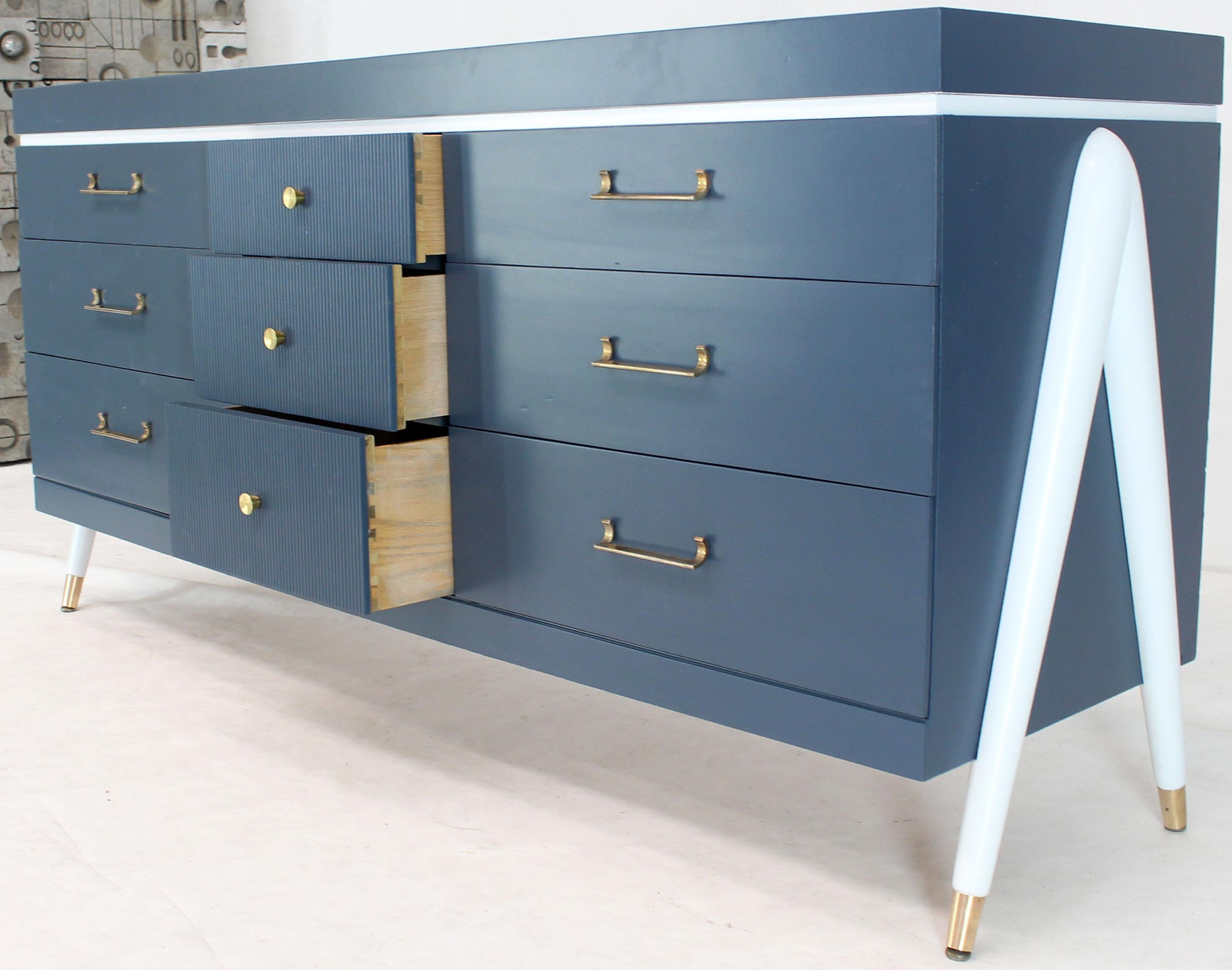 Mid-Century Modern White and Blue Exposed Sculptural Compass Shape Legs Nine Drawers Dresser