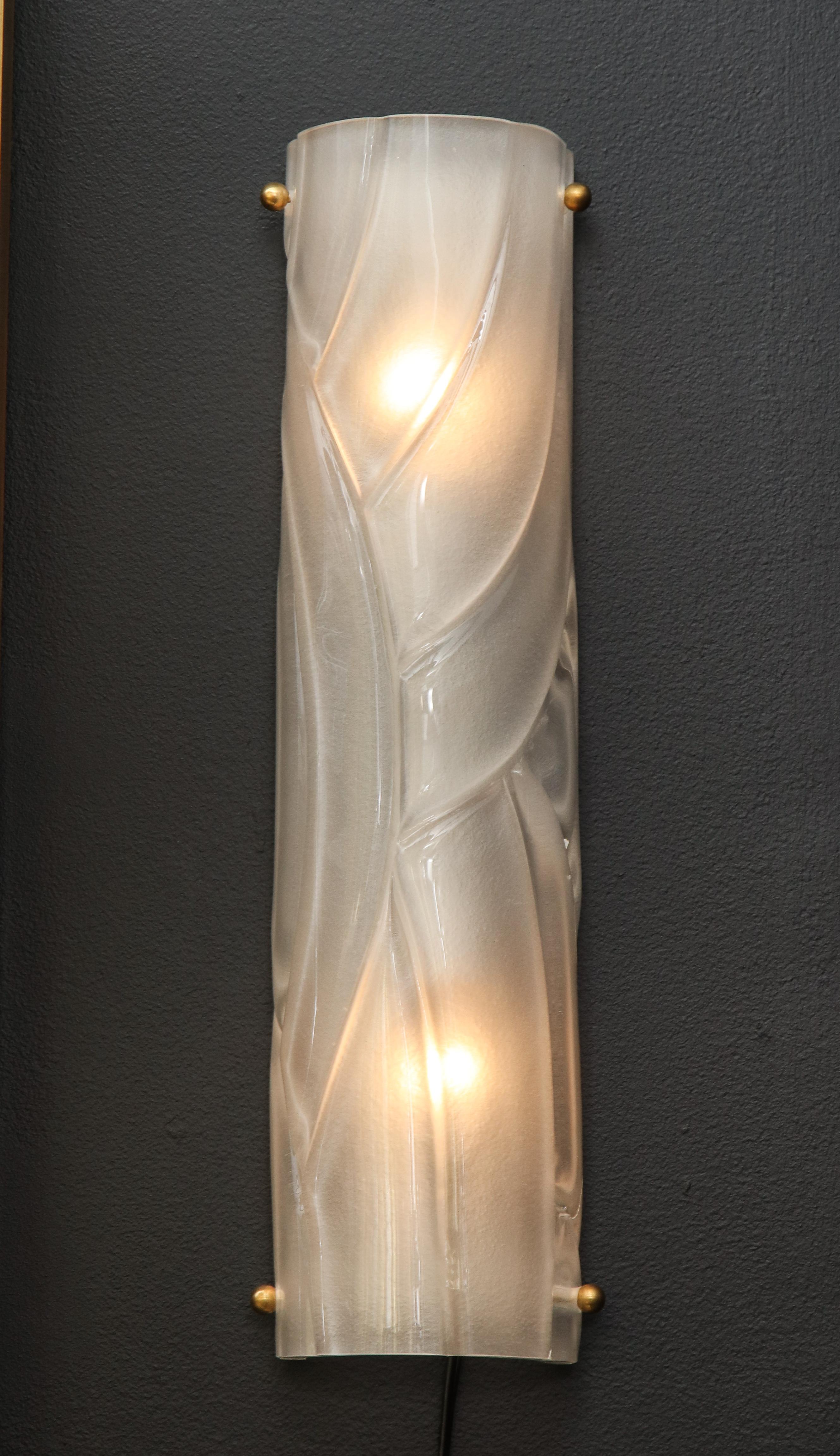 Italian Slender Pair of Translucent White Textured Murano Glass and Brass Sconces, Italy