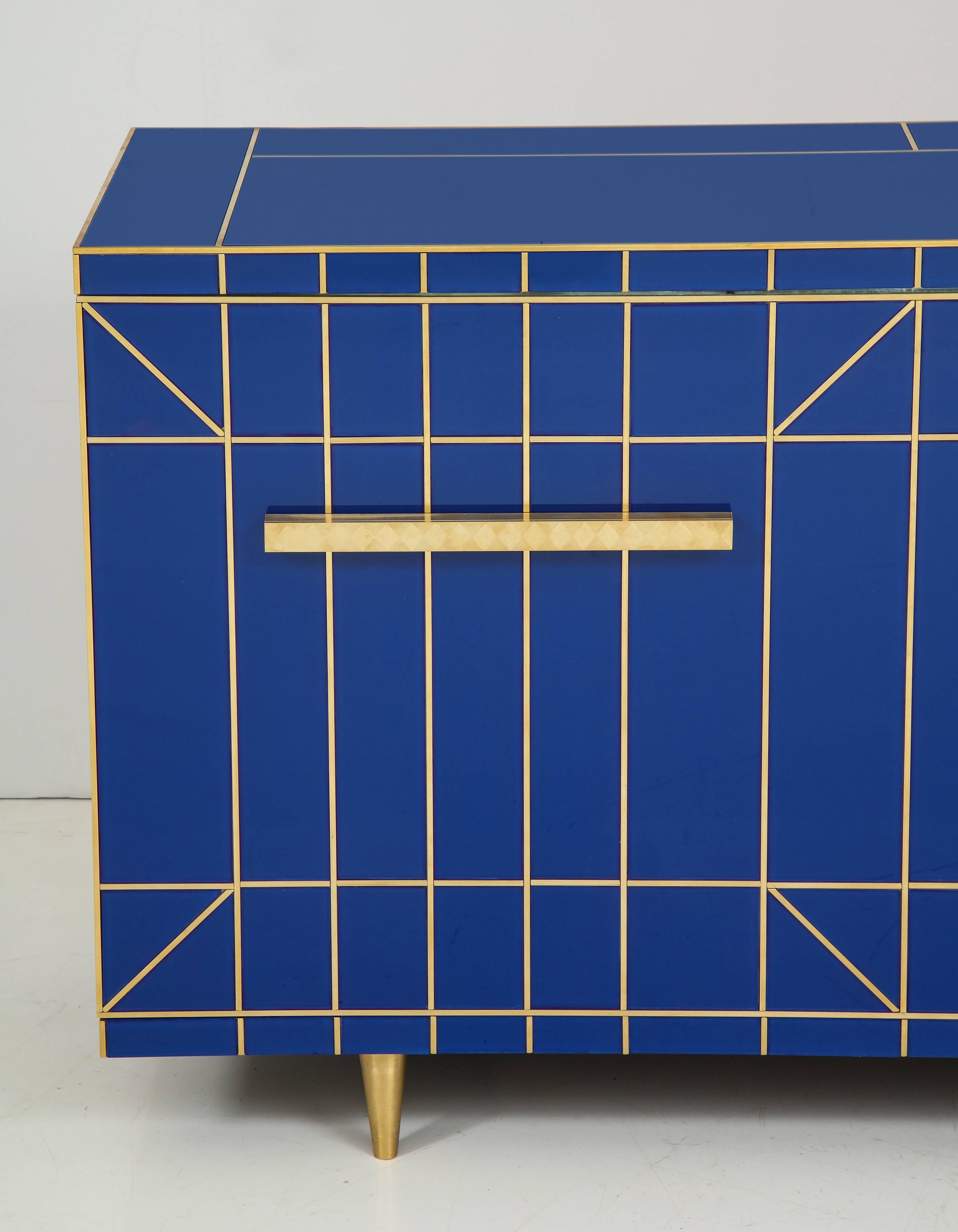 Modern Cobalt Blue Glass with Brass Inlay Mirrored Sideboard, Spain, Signed