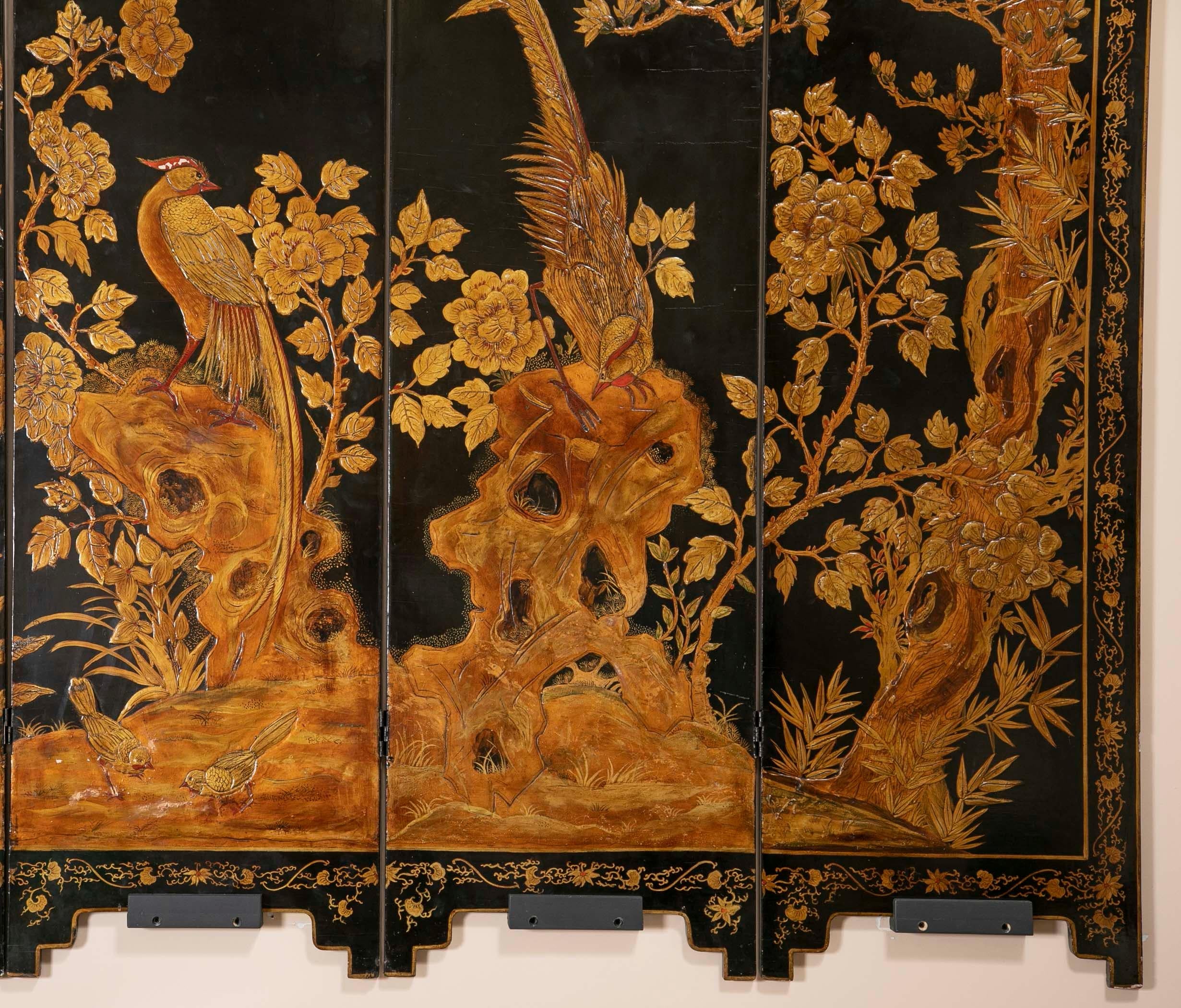 Qing Four Panel Chinese Lacquered Screen Depicting a Phoenix